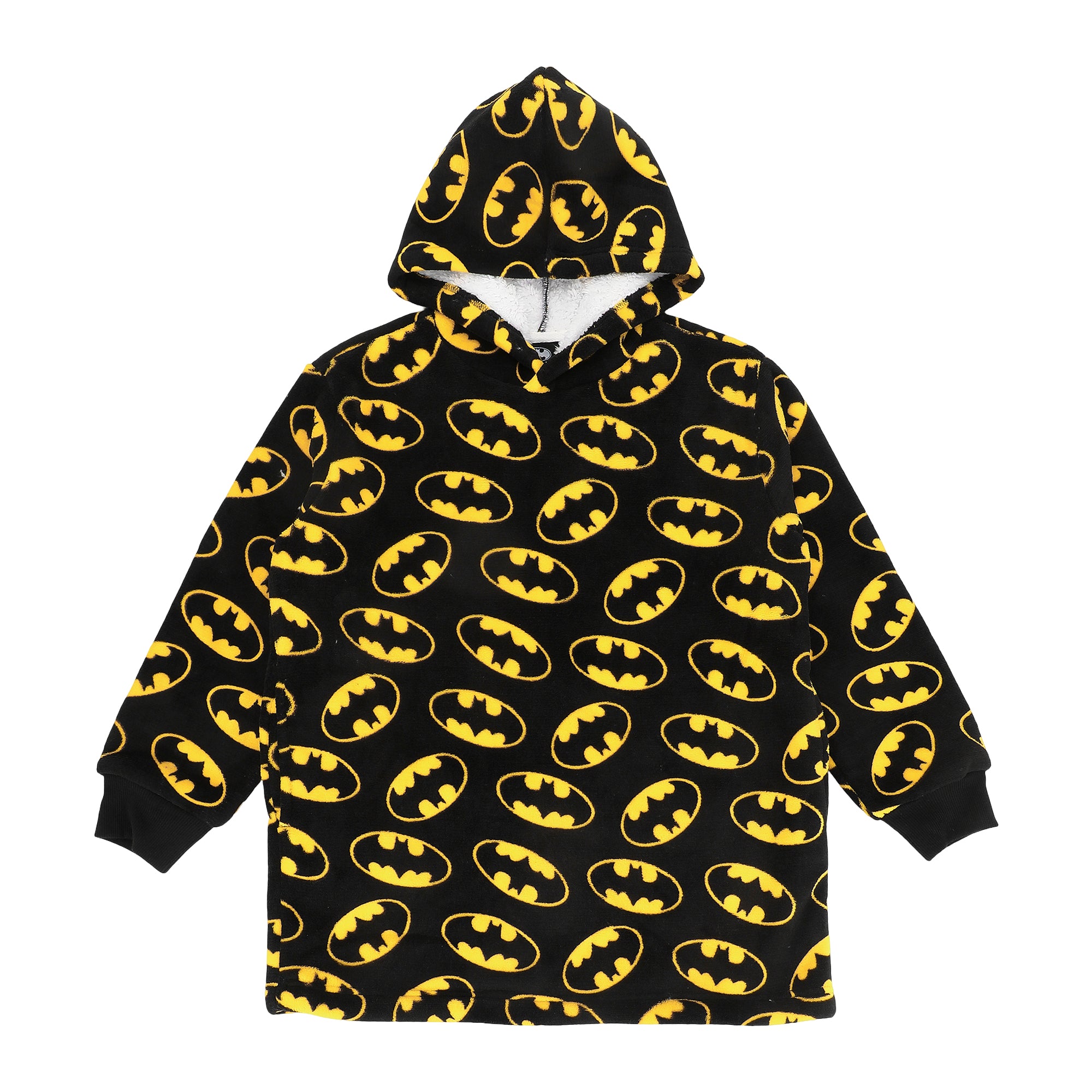Batman Logo All-Over Print Boy's Black Long Sleeve Sherpa Lined Kids Hoodie Blanket