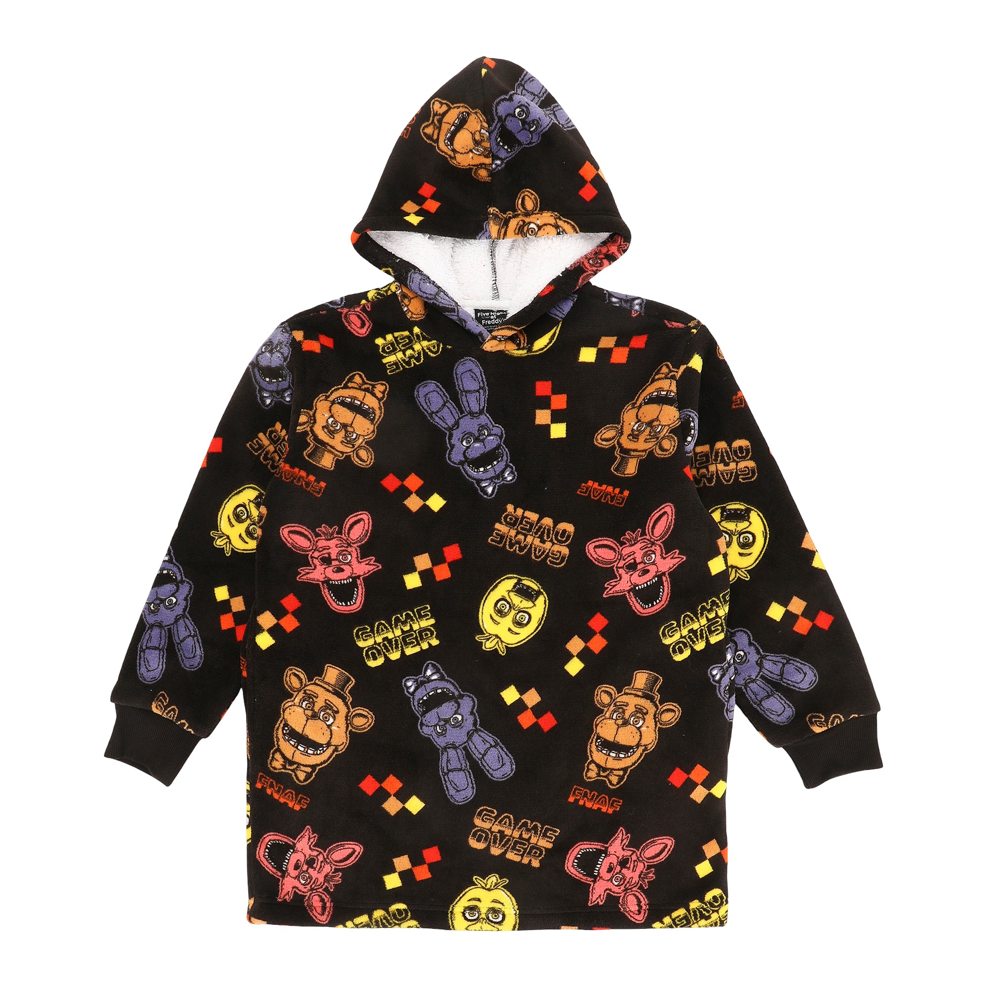Five Nights At Freddy's Game Over All-Over Print Boy's Black Long Sleeve Sherpa Lined Kids Wearable Hoodie Blanket