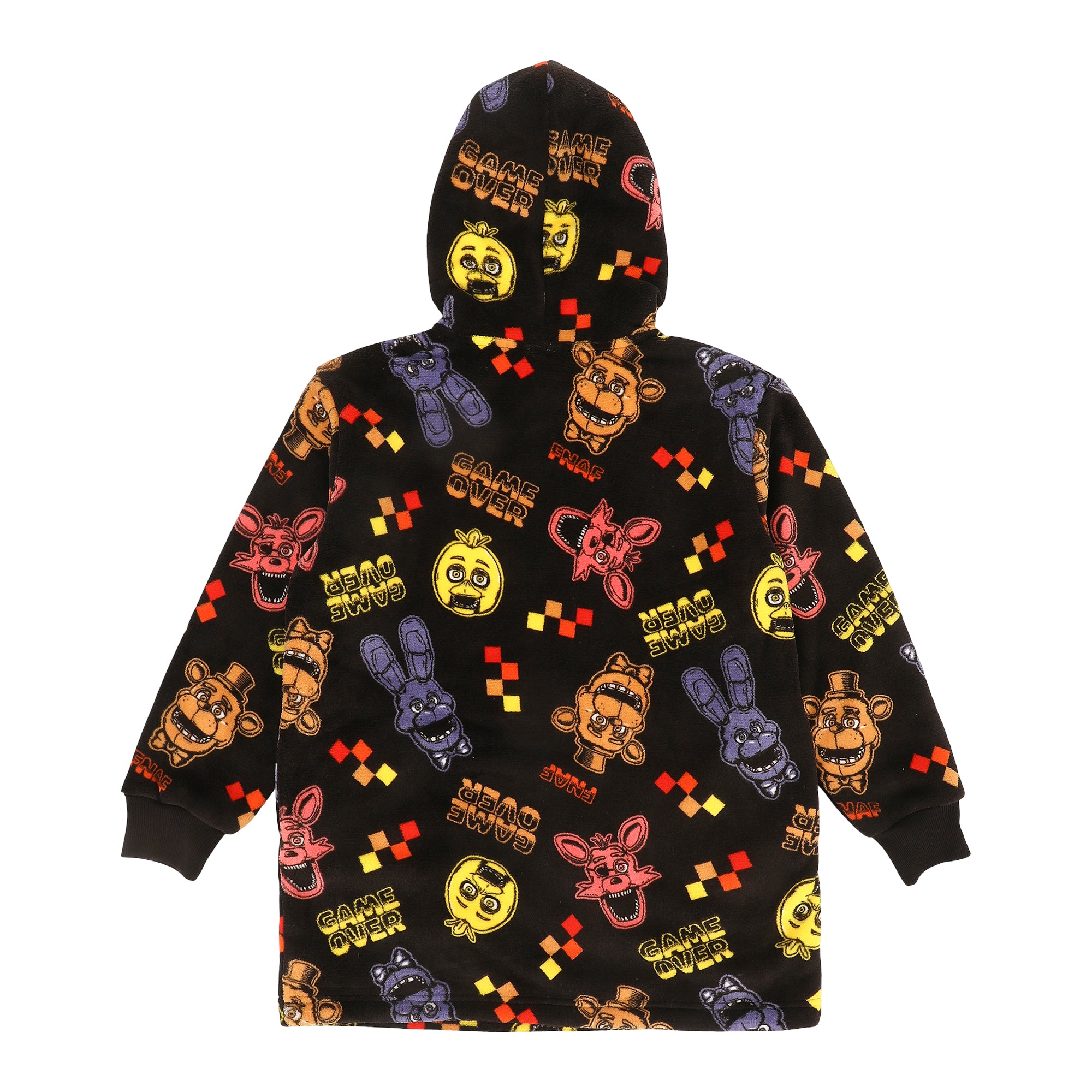 Five Nights At Freddy's Game Over All-Over Print Boy's Black Long Sleeve Sherpa Lined Kids Wearable Hoodie Blanket