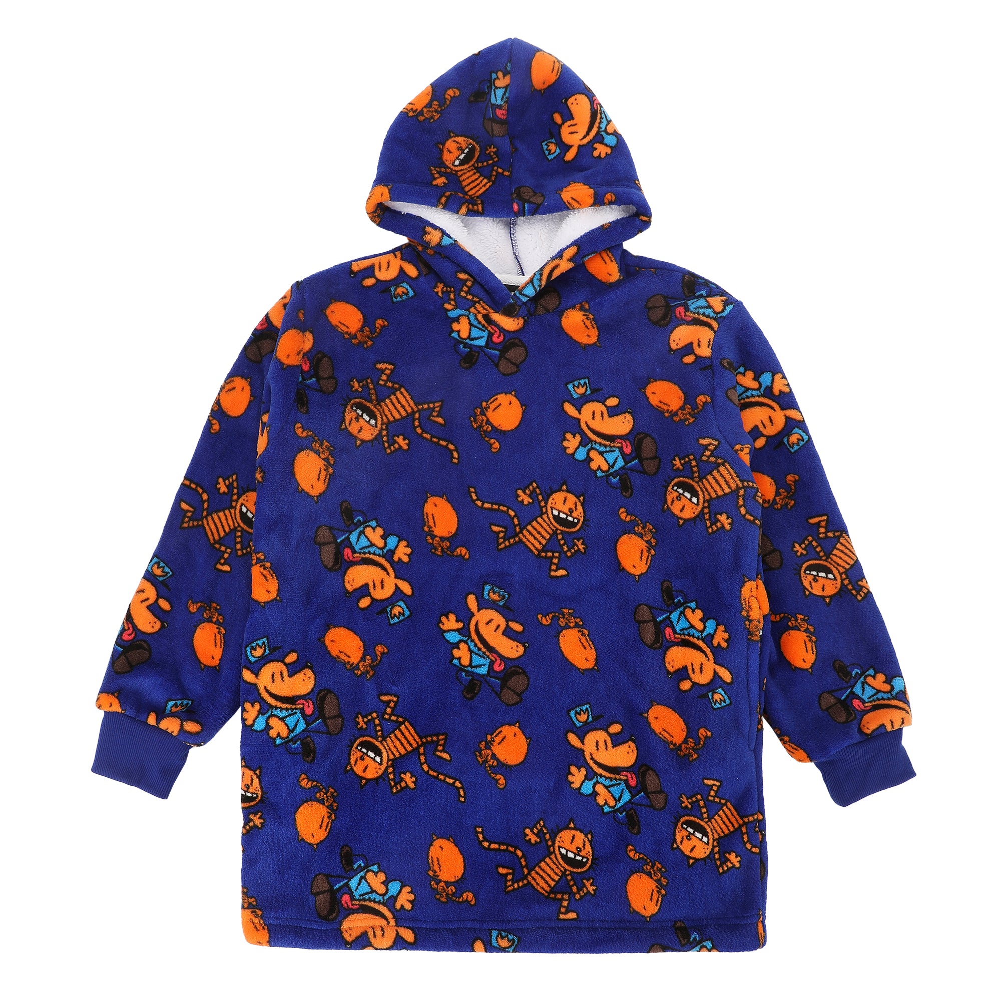 Dog Man Petey & Dog Man All-Over Print Boy's Blue Long Sleeve Sherpa Lined Kids Wearable Hoodie Blanket