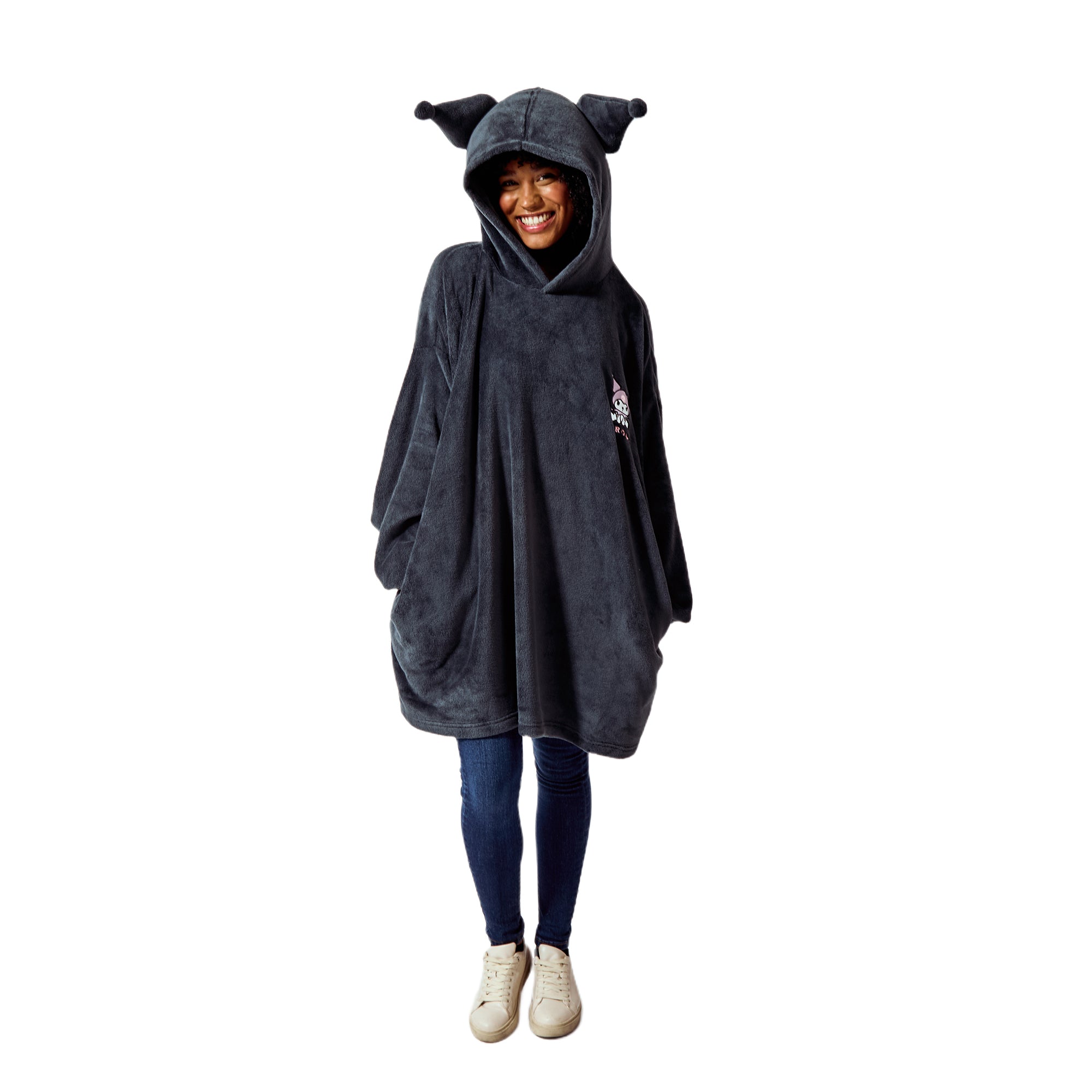 Kuromi Embroidered Character Art Women's Black Oversized Hooded Blanket OSFA