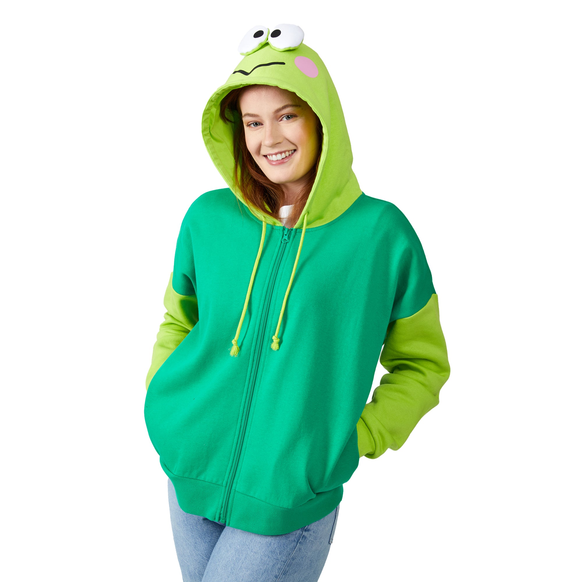 Keroppi Cosplay Long Sleeve Green Contrast Women's Zip Hoodie