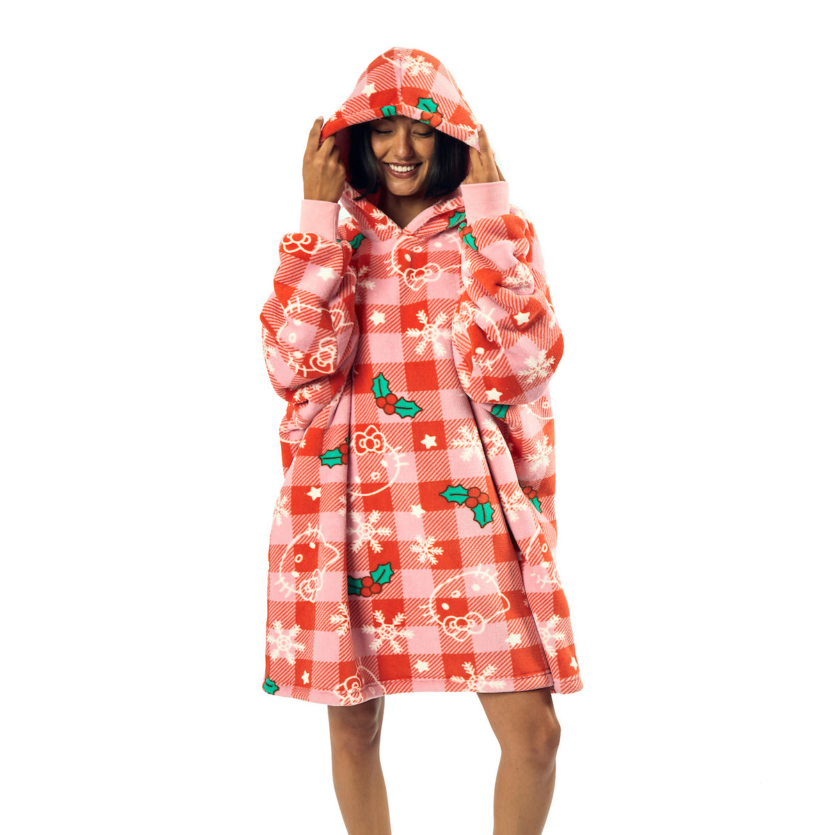Hello Kitty Christmas Line Art Red Plaid Hoodie Wearable Blanket-OSFA