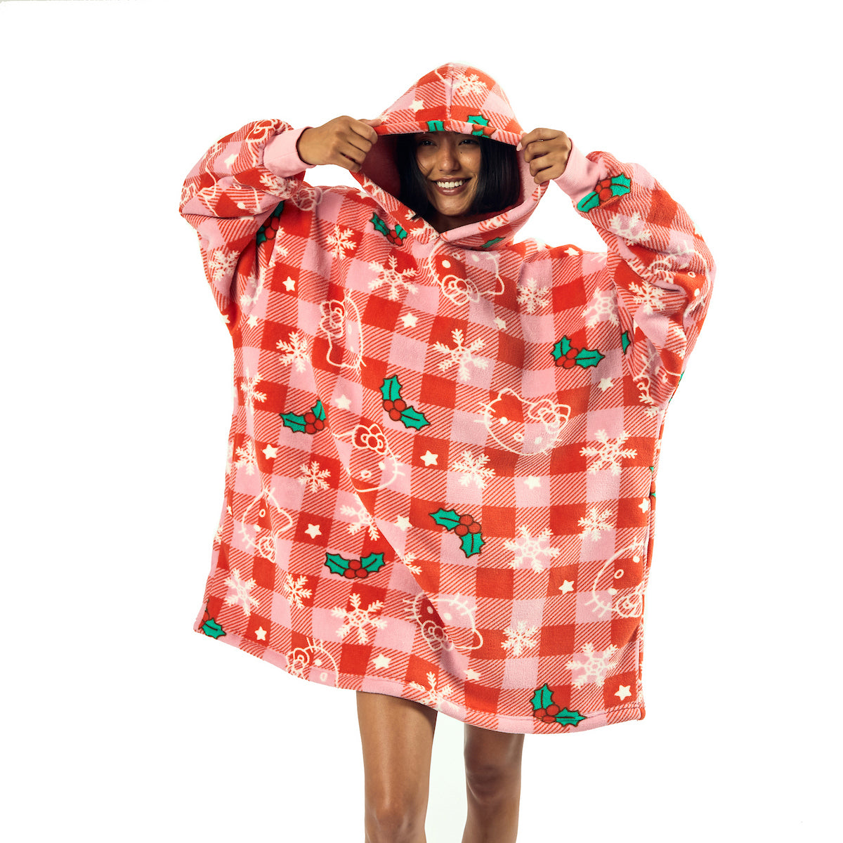 Hello Kitty Christmas Line Art Red Plaid Hoodie Wearable Blanket-OSFA