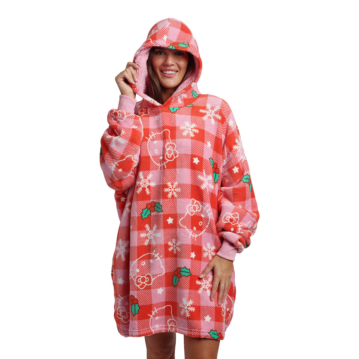 Hello Kitty Christmas Line Art Red Plaid Hoodie Wearable Blanket-OSFA