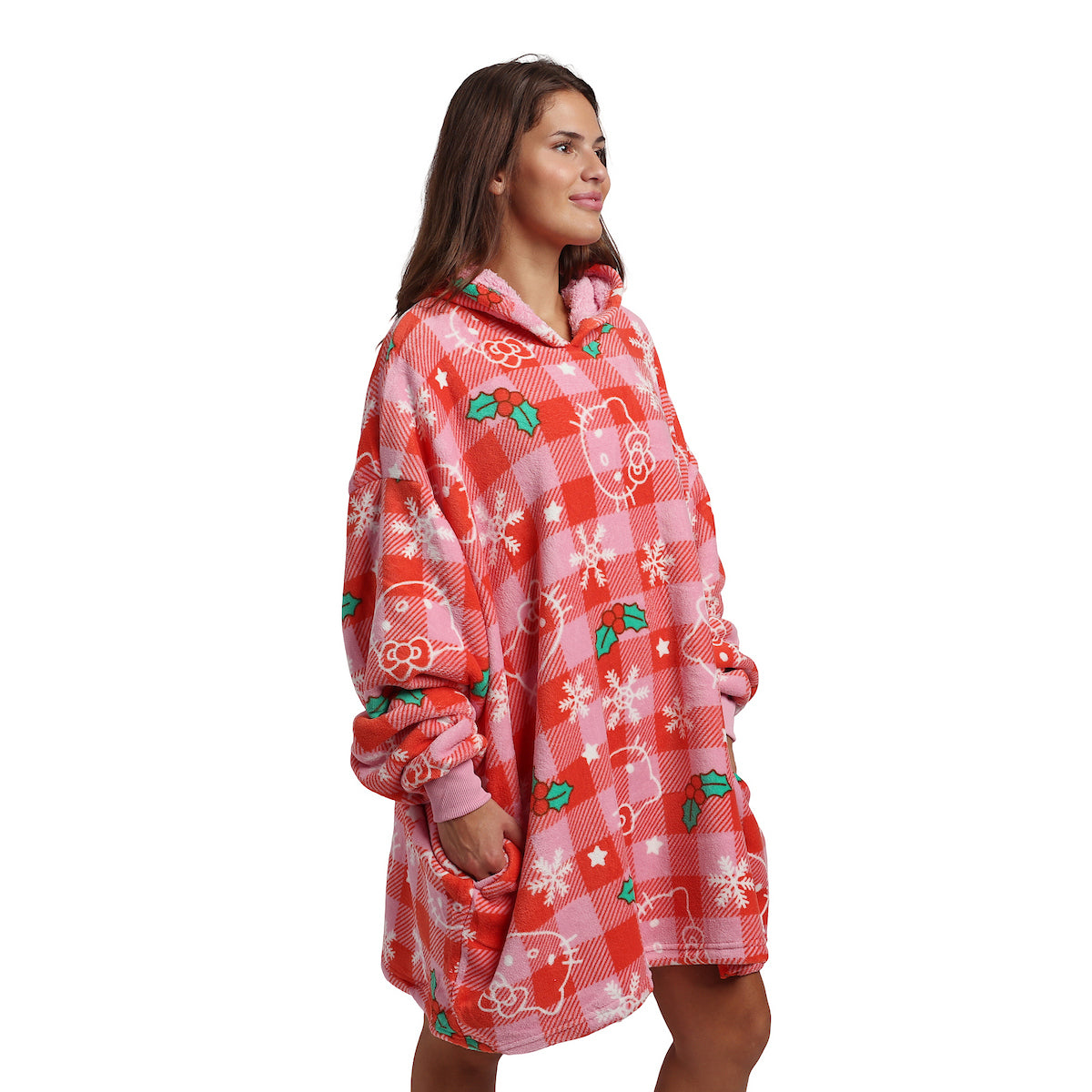 Hello Kitty Christmas Line Art Red Plaid Sherpa-Lined Adult Hooded Wearable Blanket