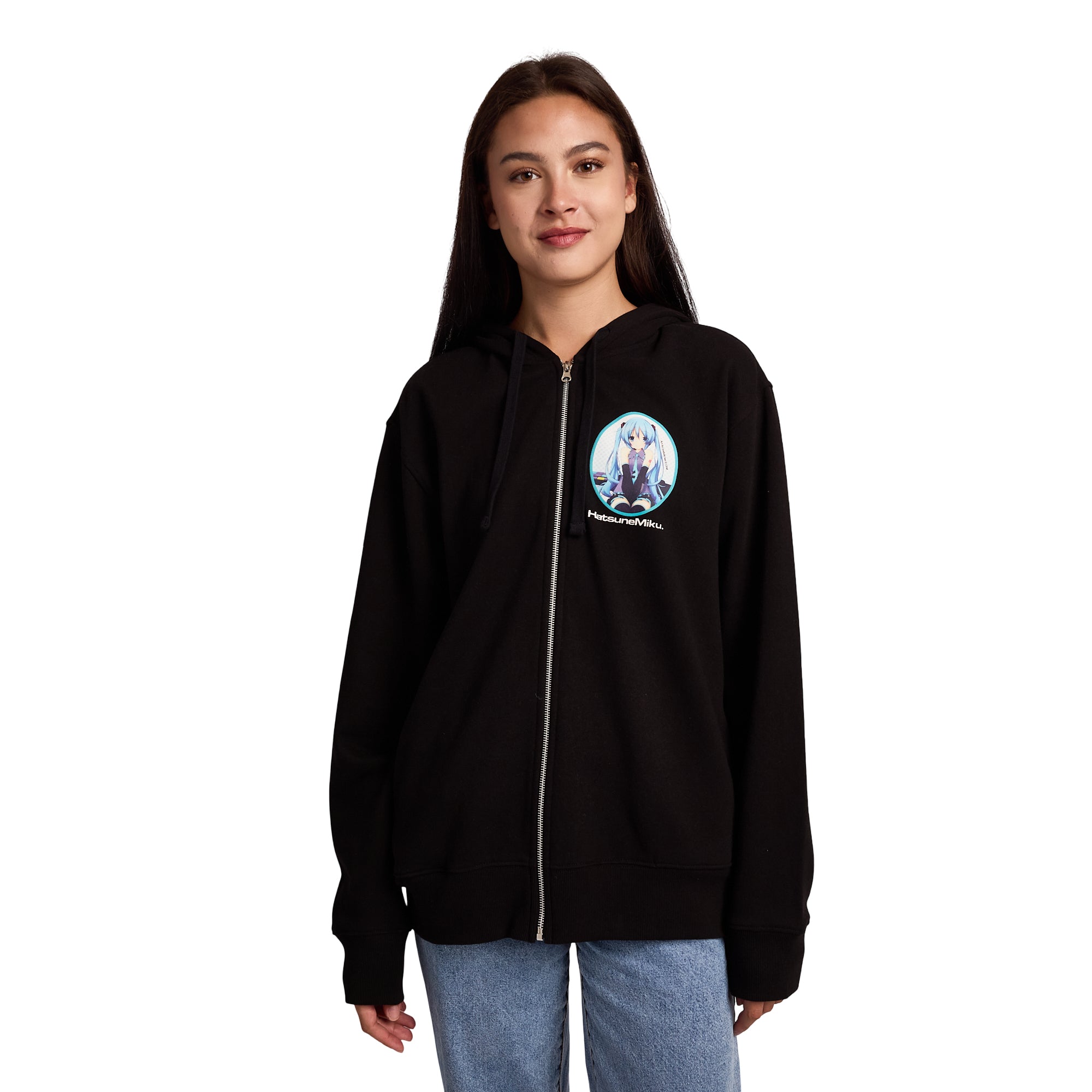 Hatsune Miku Women's Black Long Sleeve Zip Hoodie With Cosplay Bunny Ears