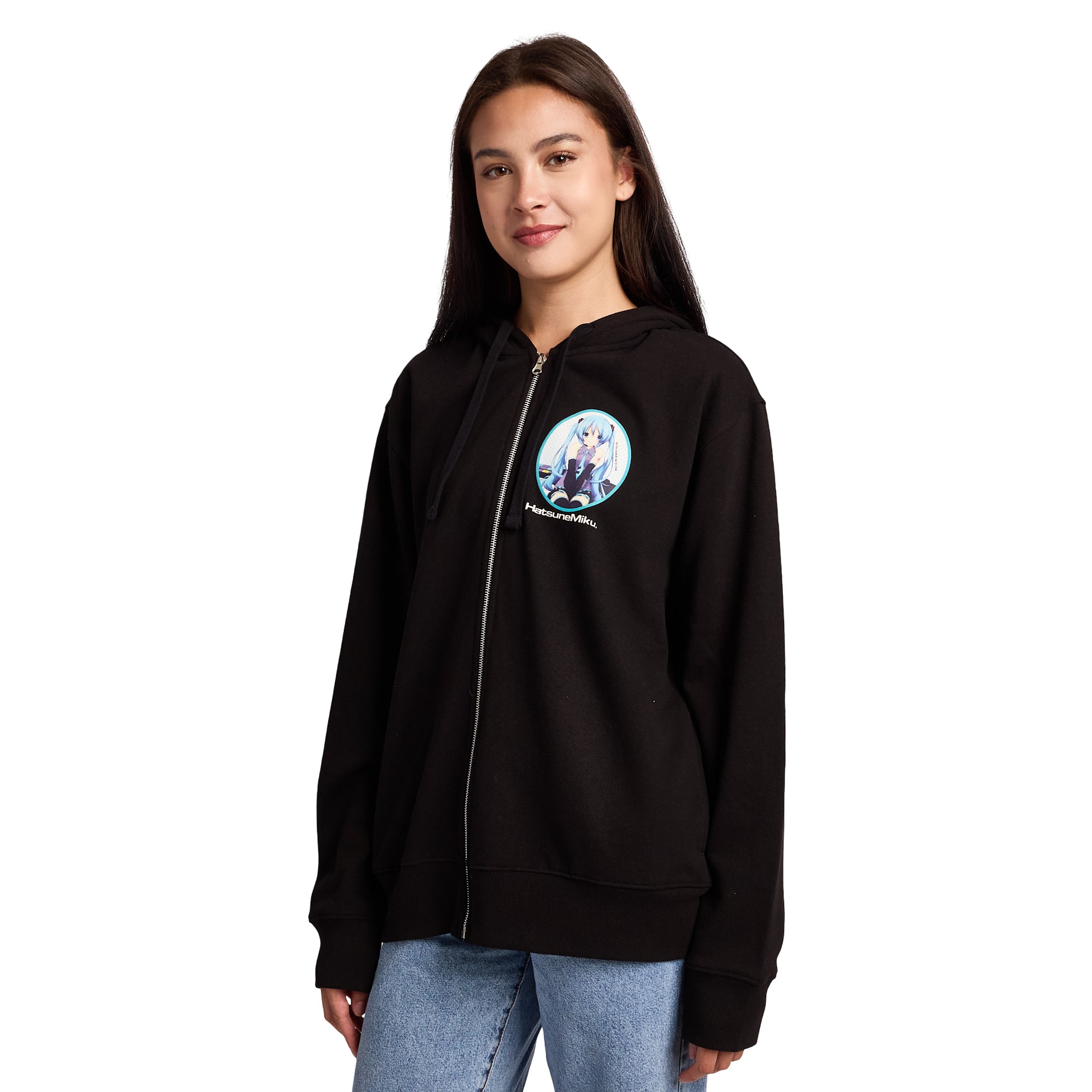 Hatsune Miku Women's Black Long Sleeve Zip Hoodie With Cosplay Bunny Ears