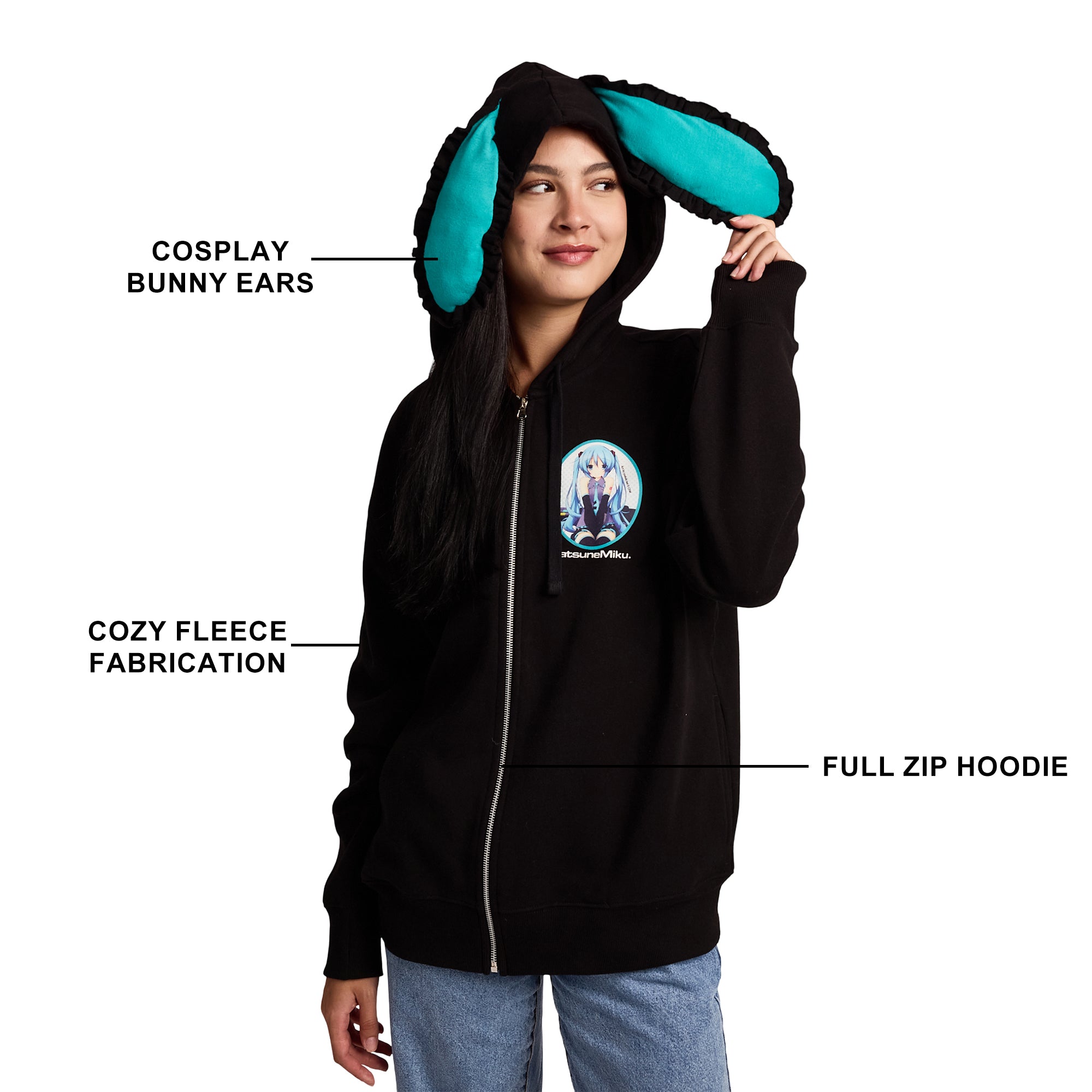 Hatsune Miku Women's Black Long Sleeve Zip Hoodie With Cosplay Bunny Ears