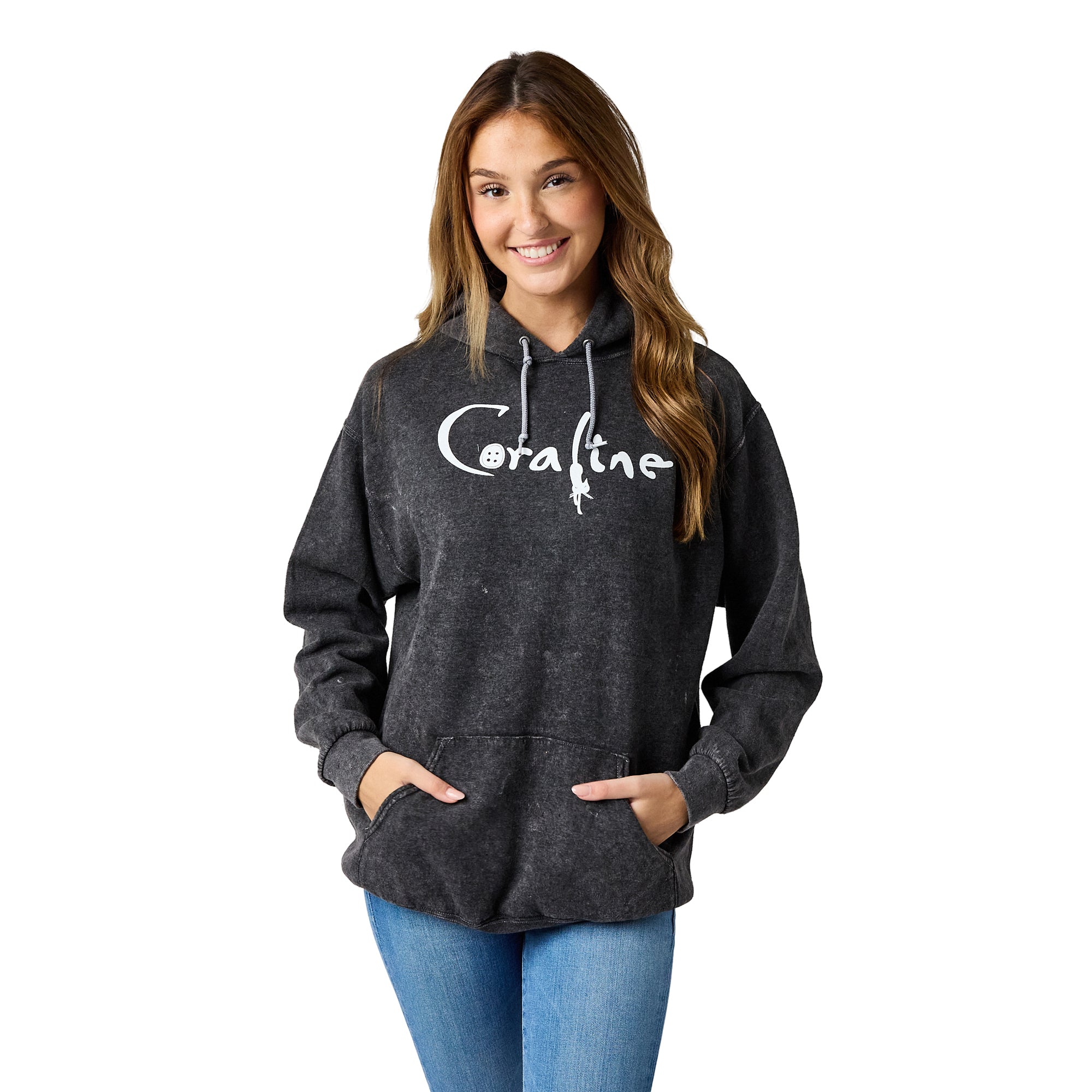 Coraline Full Moon Character Art Women's Black Enzyme Wash Long Sleeve Fleece Hooded Sweatshirt