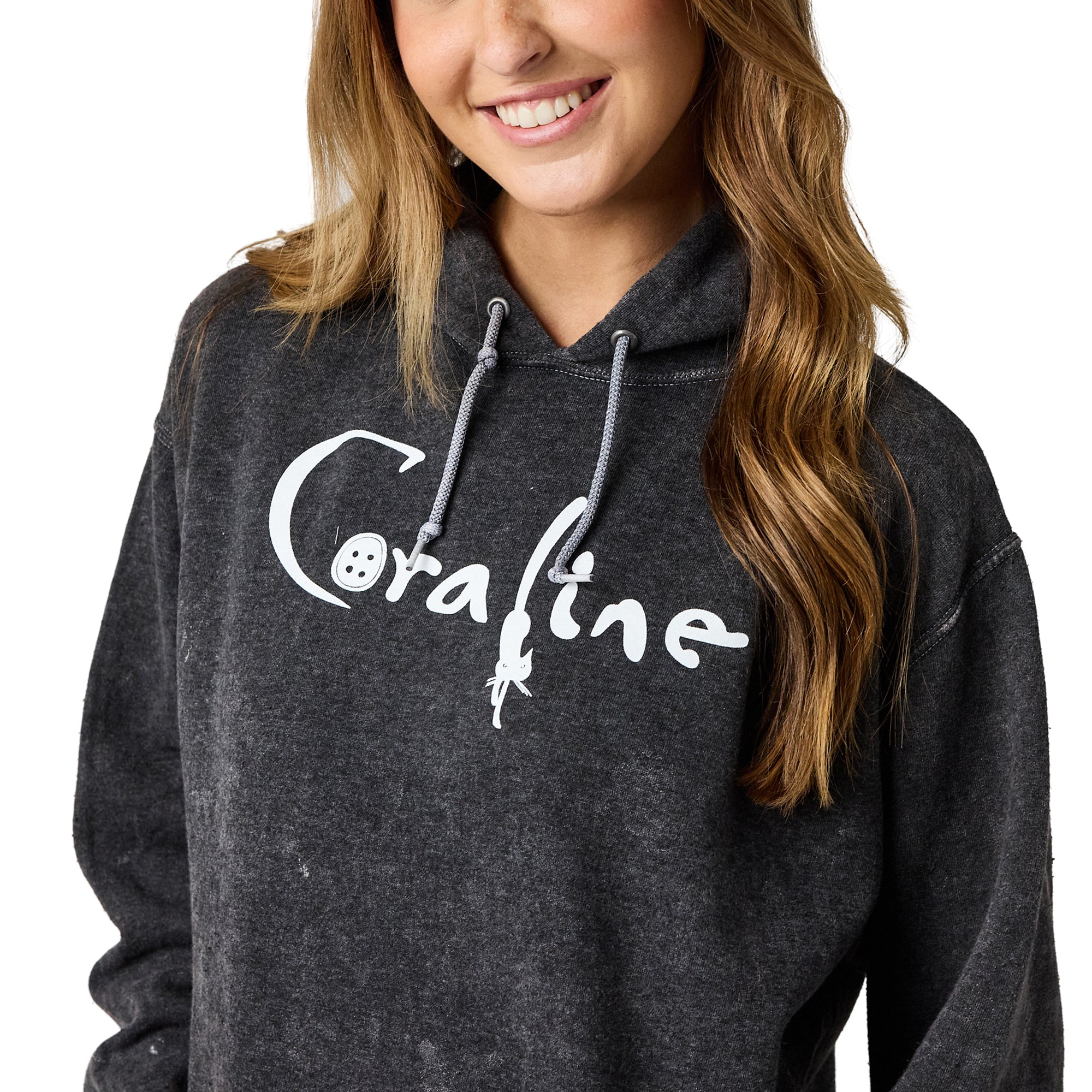 Coraline Full Moon Character Art Women's Black Enzyme Wash Long Sleeve Fleece Hooded Sweatshirt
