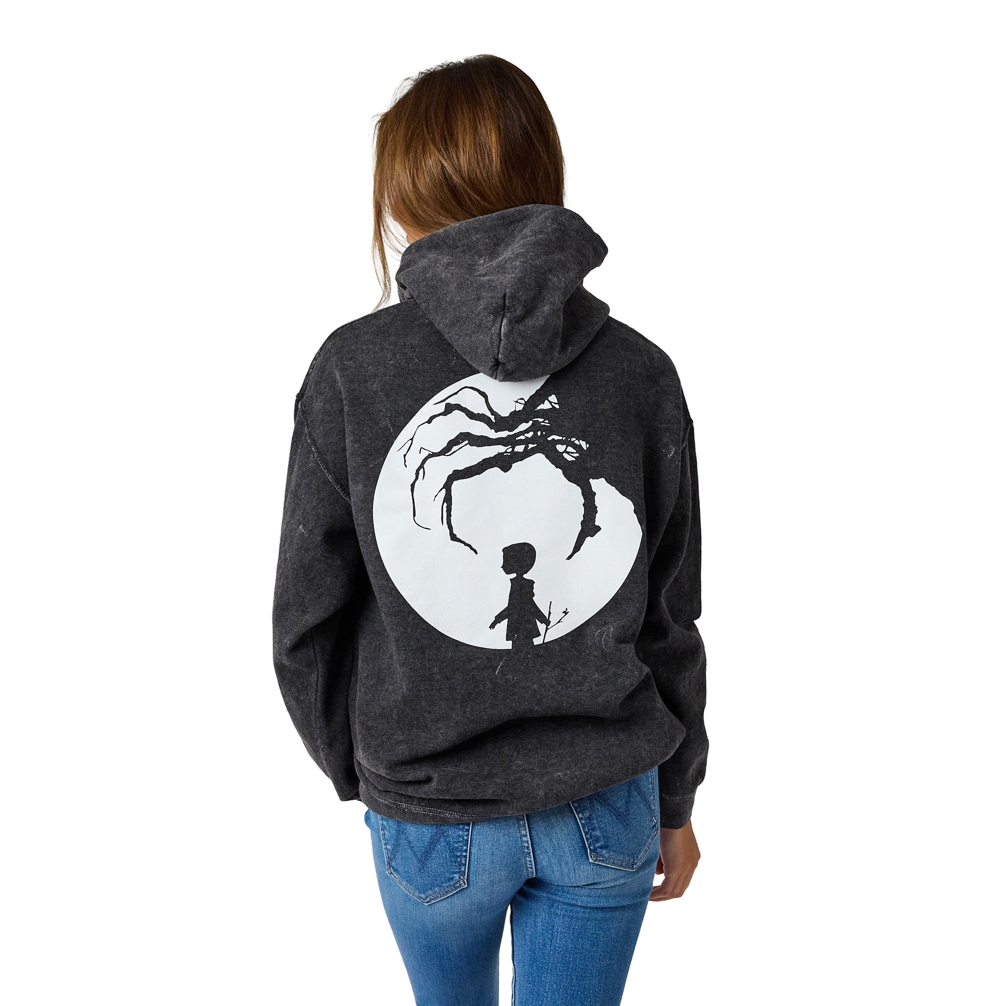 Coraline Full Moon Character Art Women's Black Enzyme Wash Long Sleeve Fleece Hooded Sweatshirt