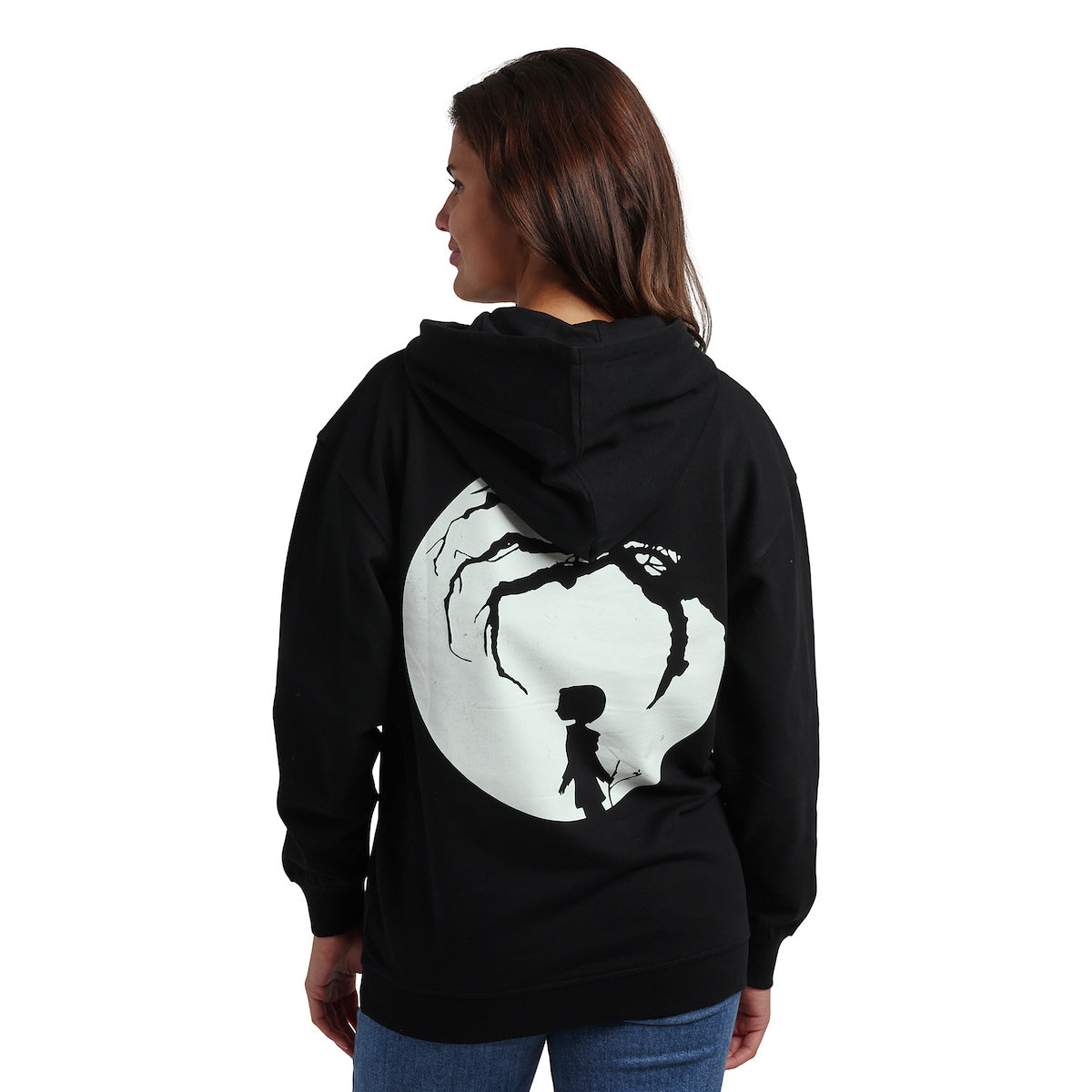 Coraline Full Moon Character Art Women's Black Long Sleeve Hooded Sweatshirt
