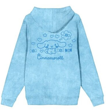 Cinnamoroll Line Art Women's Blue Mineral Wash Long Sleeve Fleece Hooded Sweatshirt