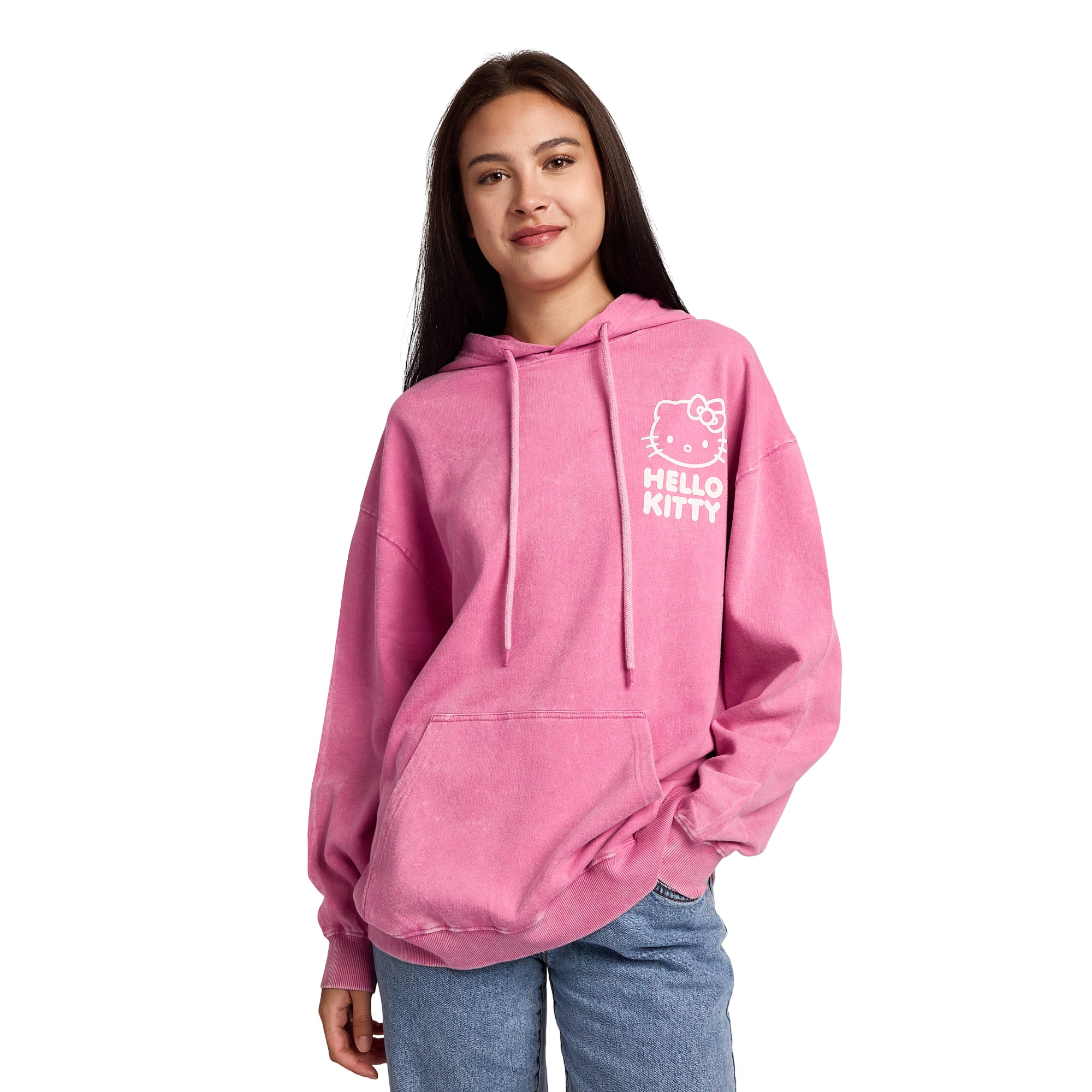 Hello Kitty & Bows Line Art Women's Pink Mineral Wash Long Sleeve Fleece Hooded Sweatshirt
