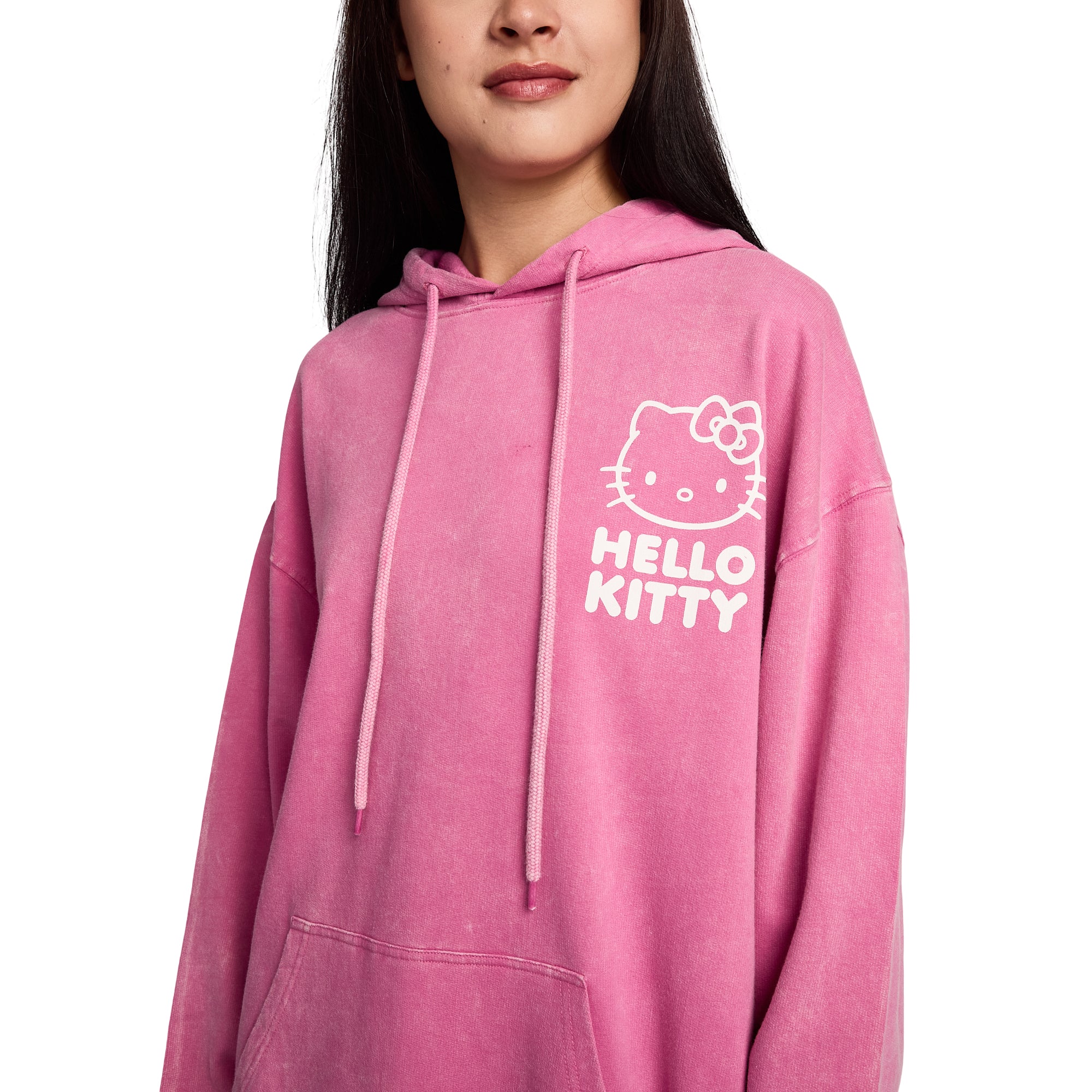 Hello Kitty & Bows Line Art Women's Pink Mineral Wash Long Sleeve Fleece Hooded Sweatshirt