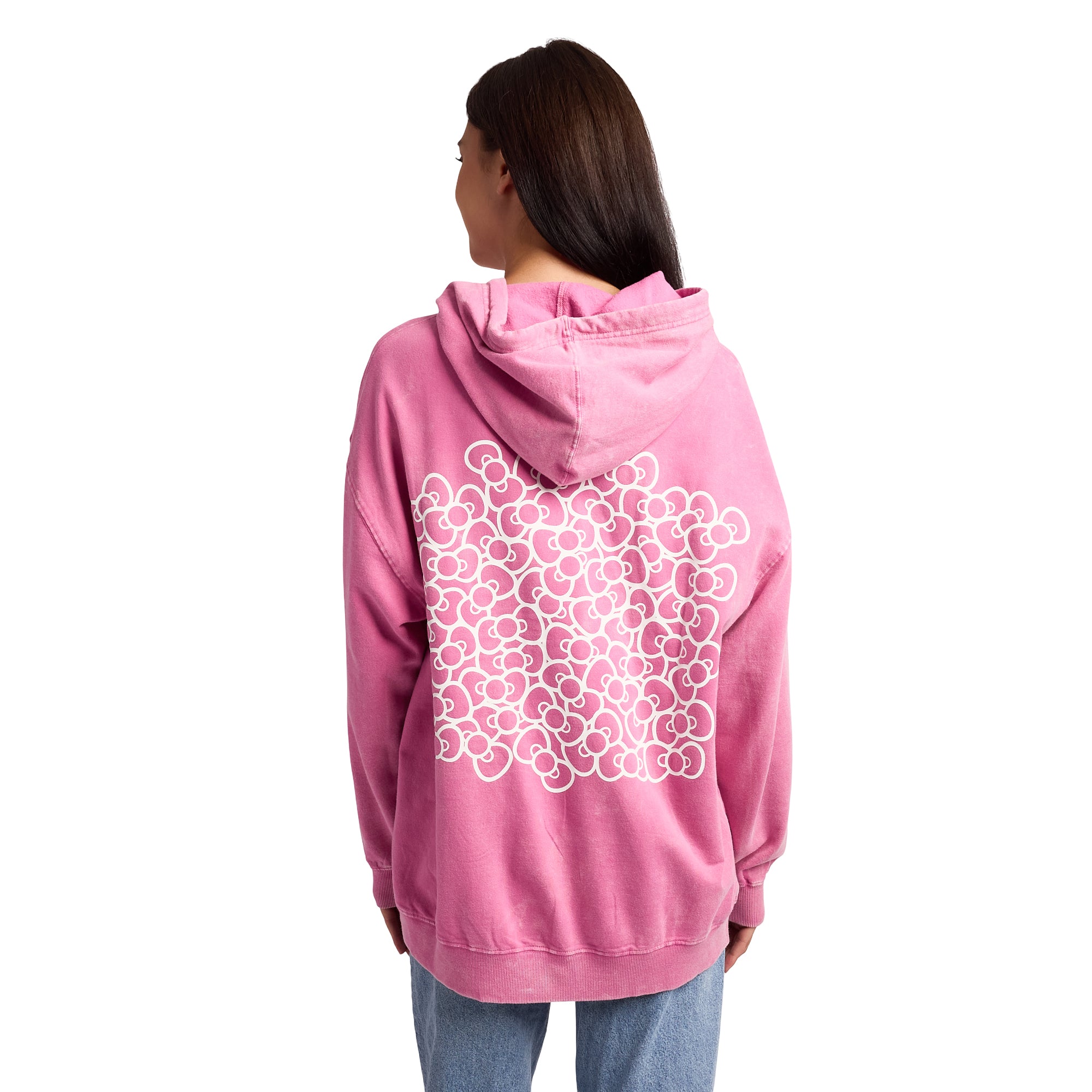 Hello Kitty & Bows Line Art Women's Pink Mineral Wash Long Sleeve Fleece Hooded Sweatshirt