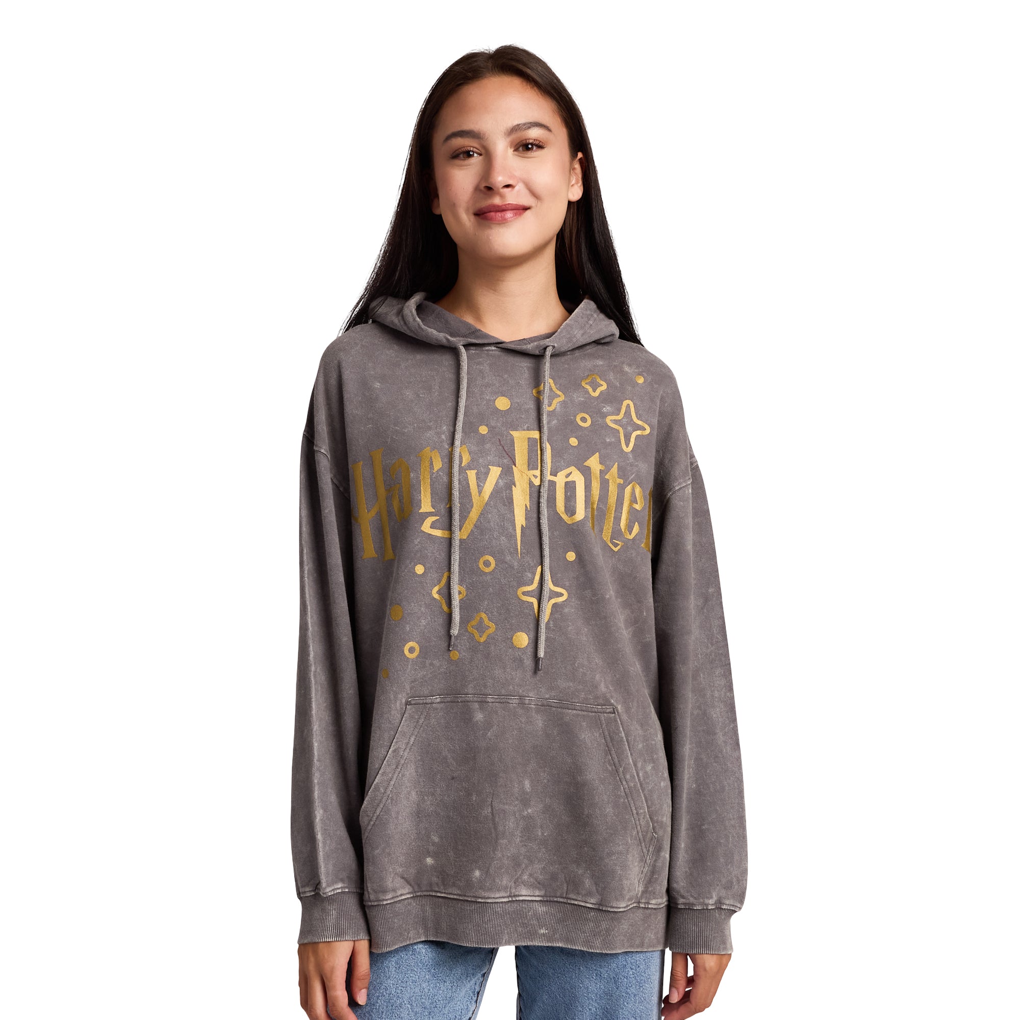 Harry Potter Stars & Hogwarts Crest Women's Gray Mineral Wash Long Sleeve Fleece Hooded Sweatshirt