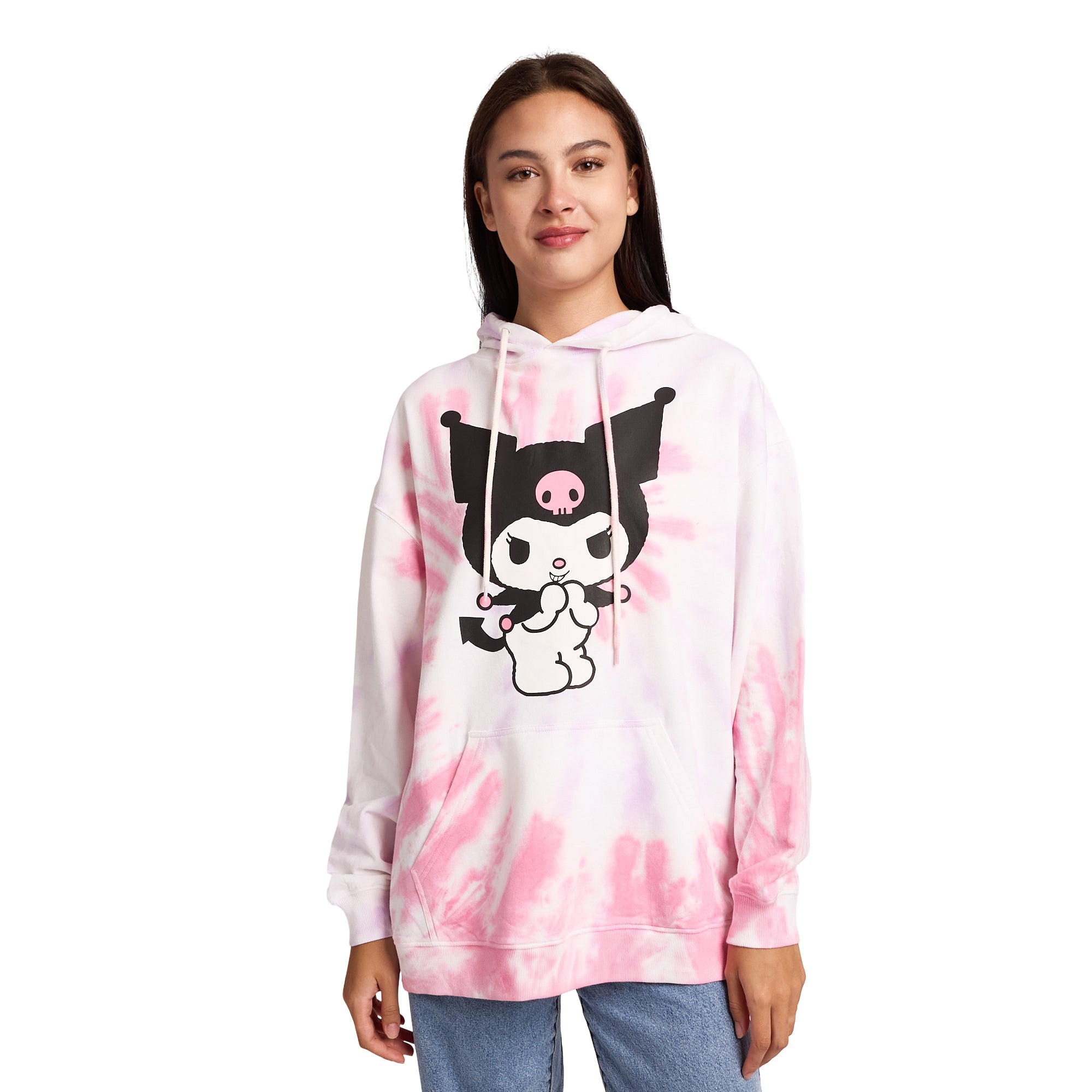 Kuromi Ice Cream Treats Women's Pink Tie-Dye Long Sleeve Fleece Hooded Sweatshirt
