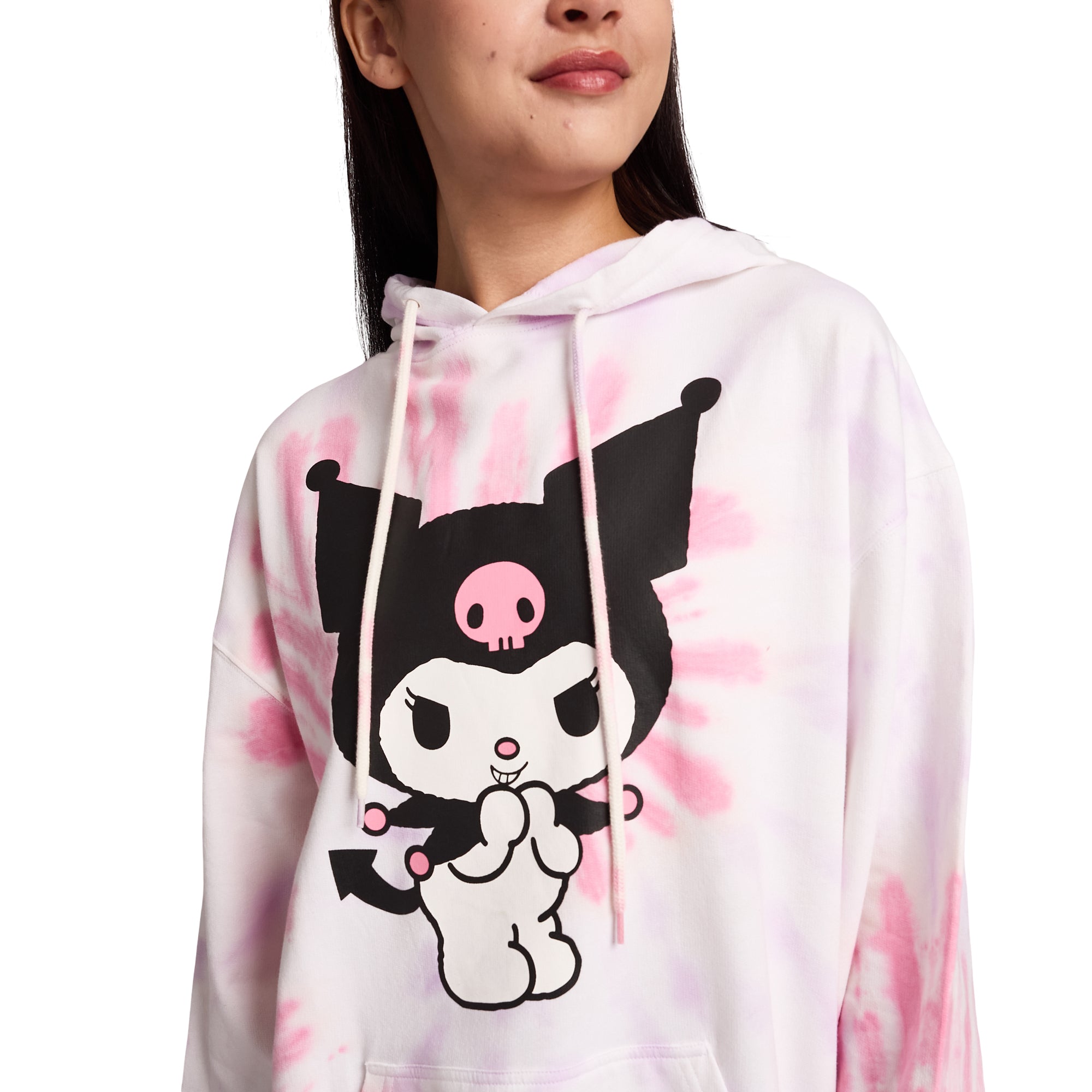 Kuromi Ice Cream Treats Women's Pink Tie-Dye Long Sleeve Fleece Hooded Sweatshirt