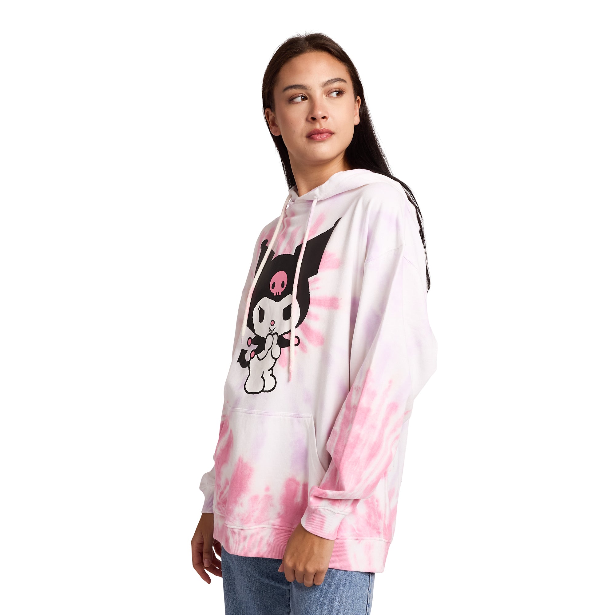 Kuromi Ice Cream Treats Women's Pink Tie-Dye Long Sleeve Fleece Hooded Sweatshirt