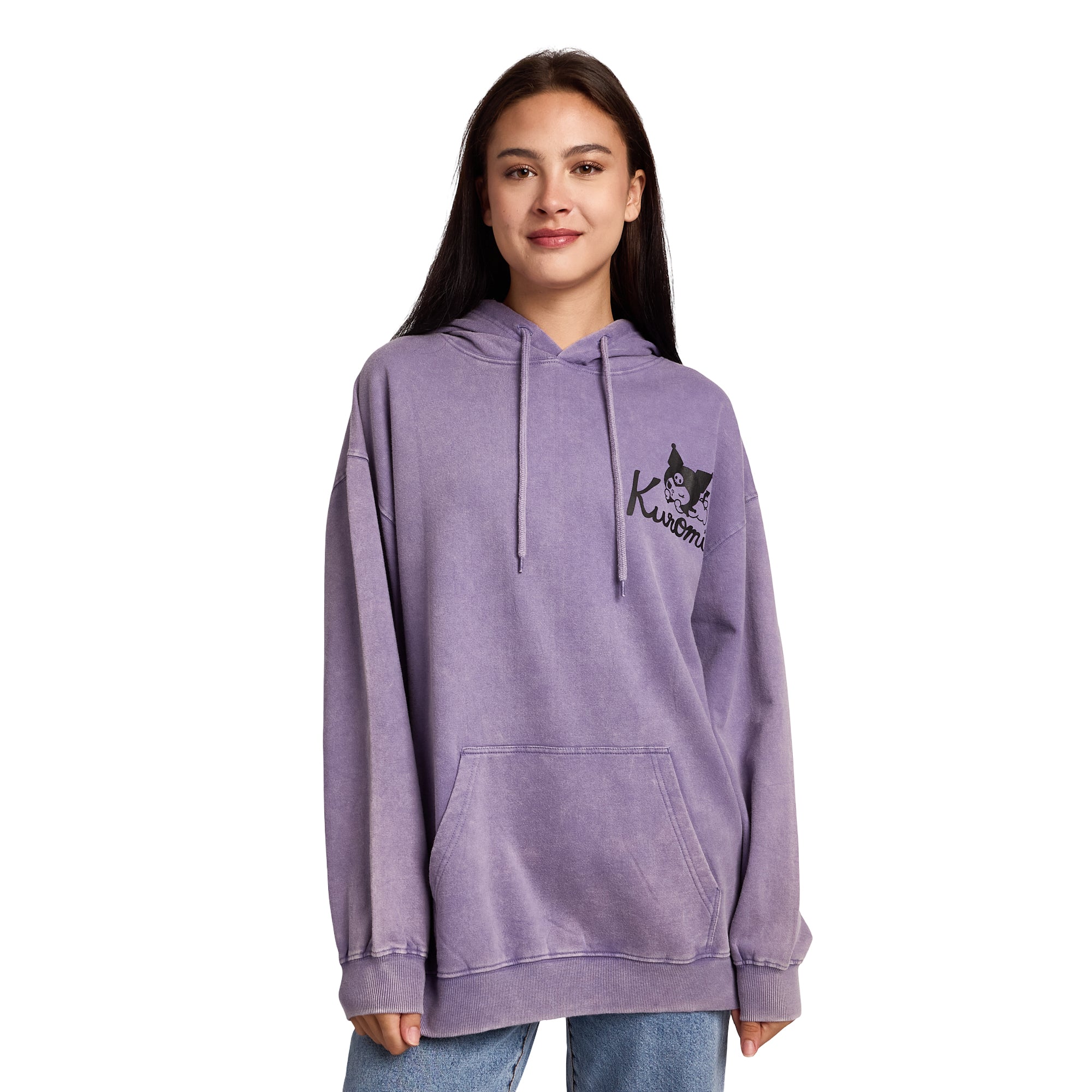Kuromi & Baku Women's Purple Mineral Wash Long Sleeve Fleece Hooded Sweatshirt