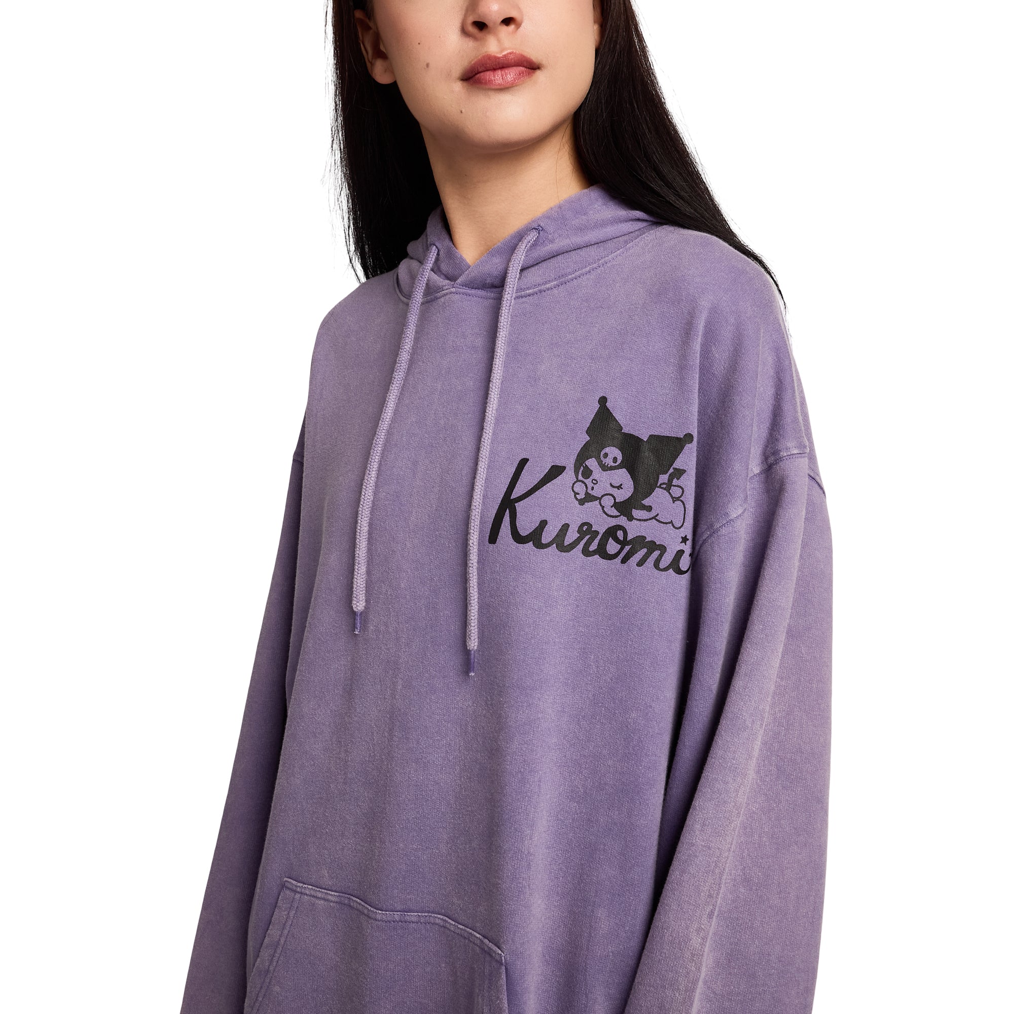Kuromi & Baku Women's Purple Mineral Wash Long Sleeve Fleece Hooded Sweatshirt