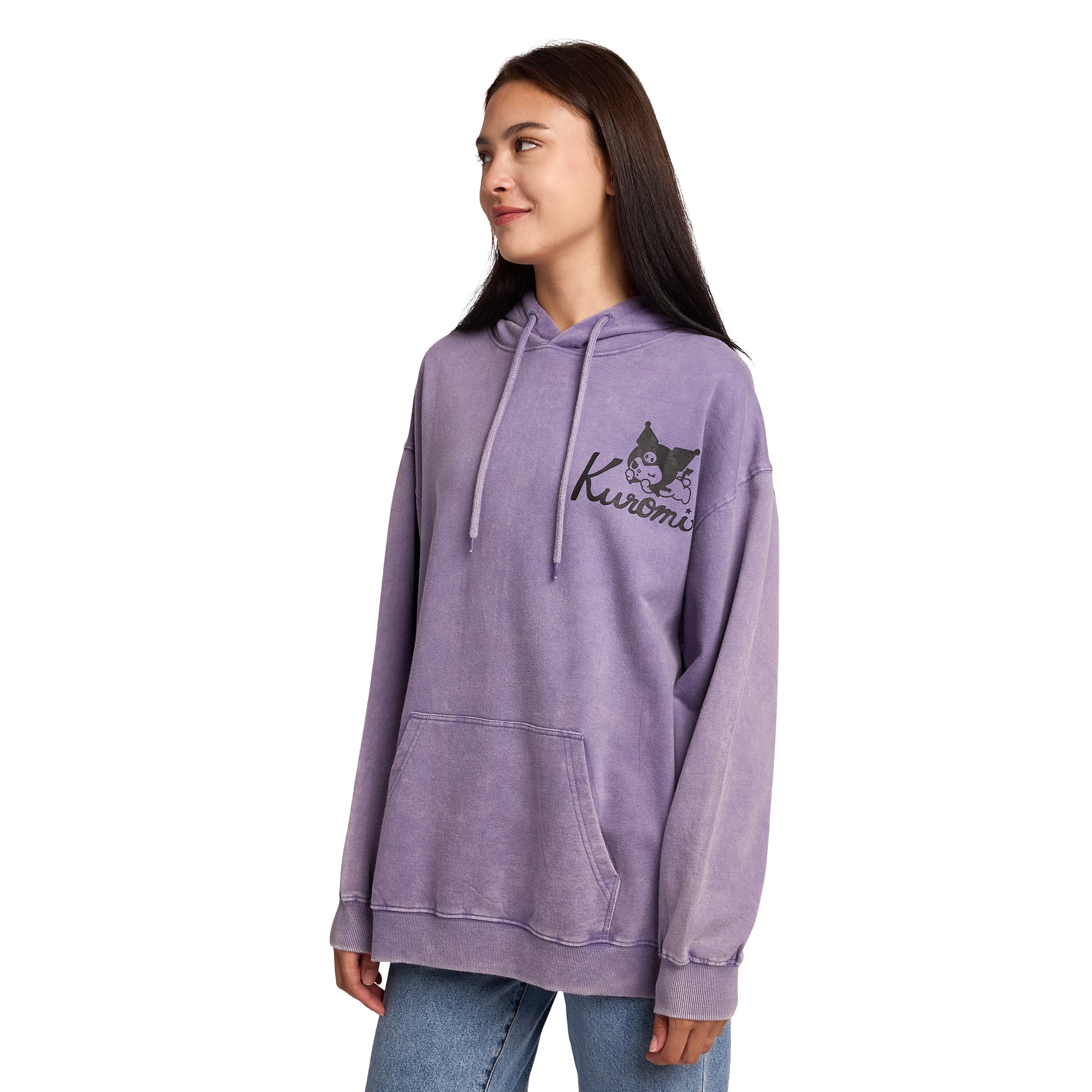 Kuromi & Baku Women's Purple Mineral Wash Long Sleeve Fleece Hooded Sweatshirt