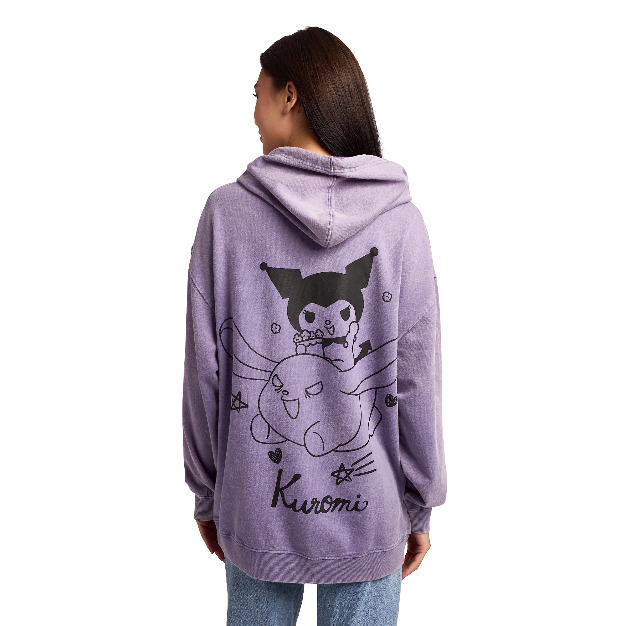 Kuromi & Baku Women's Purple Mineral Wash Long Sleeve Fleece Hooded Sweatshirt