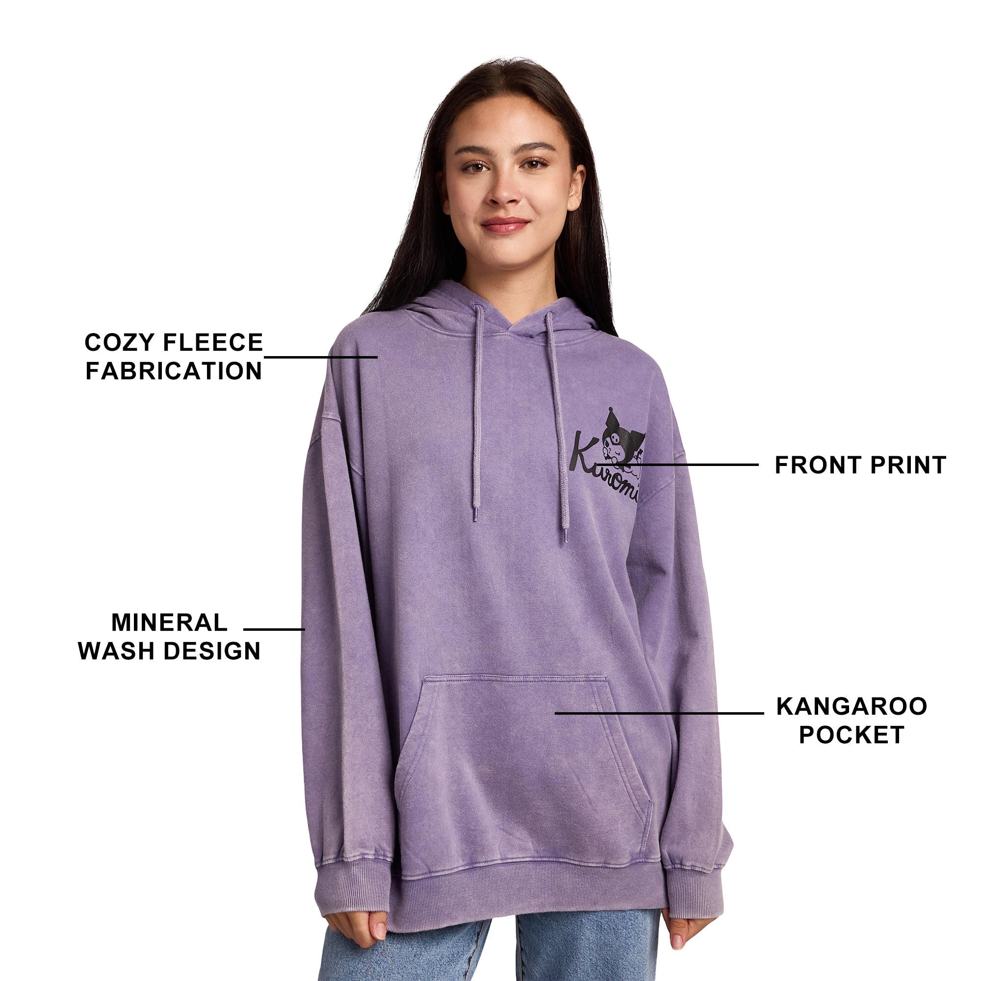 Kuromi & Baku Women's Purple Mineral Wash Long Sleeve Fleece Hooded Sweatshirt