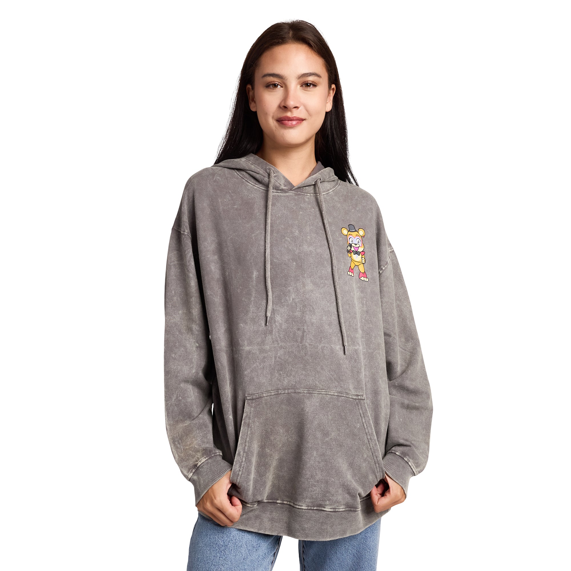 Five Nights At Freddy's Glamrock Freddy & Friends Women's Gray Mineral Wash Long Sleeve Fleece Hooded Sweatshirt