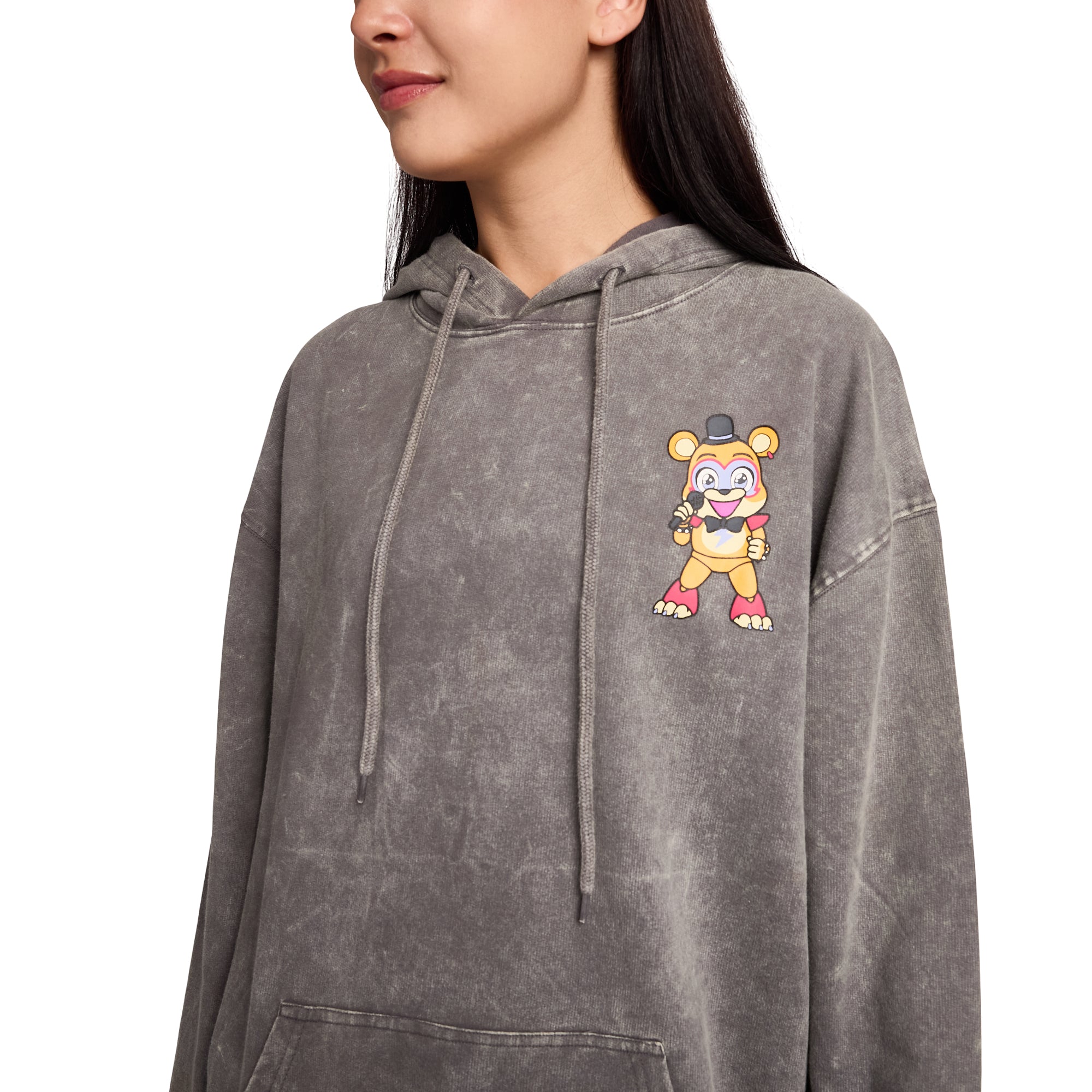 Five Nights At Freddy's Glamrock Freddy & Friends Women's Gray Mineral Wash Long Sleeve Fleece Hooded Sweatshirt