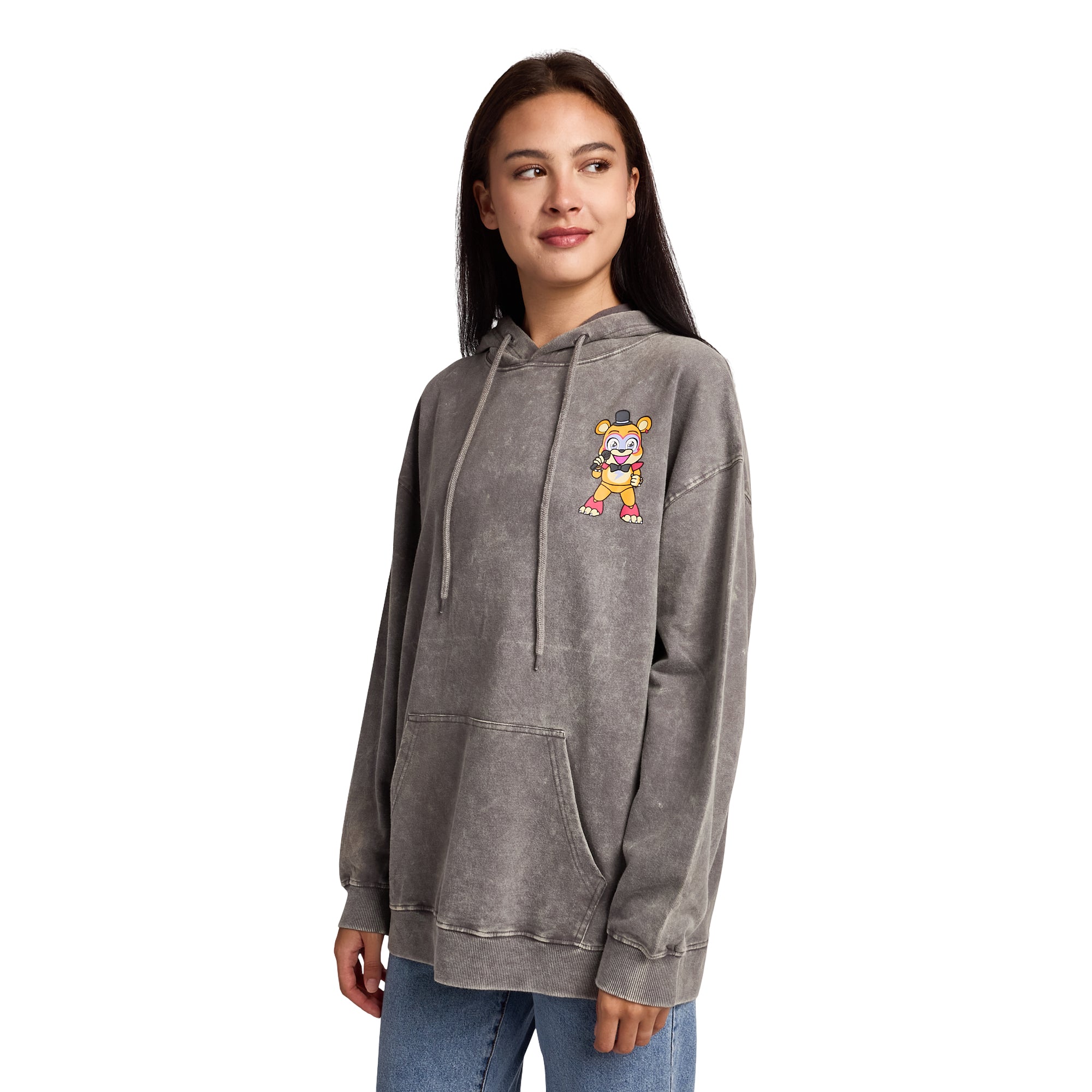 Five Nights At Freddy's Glamrock Freddy & Friends Women's Gray Mineral Wash Long Sleeve Fleece Hooded Sweatshirt