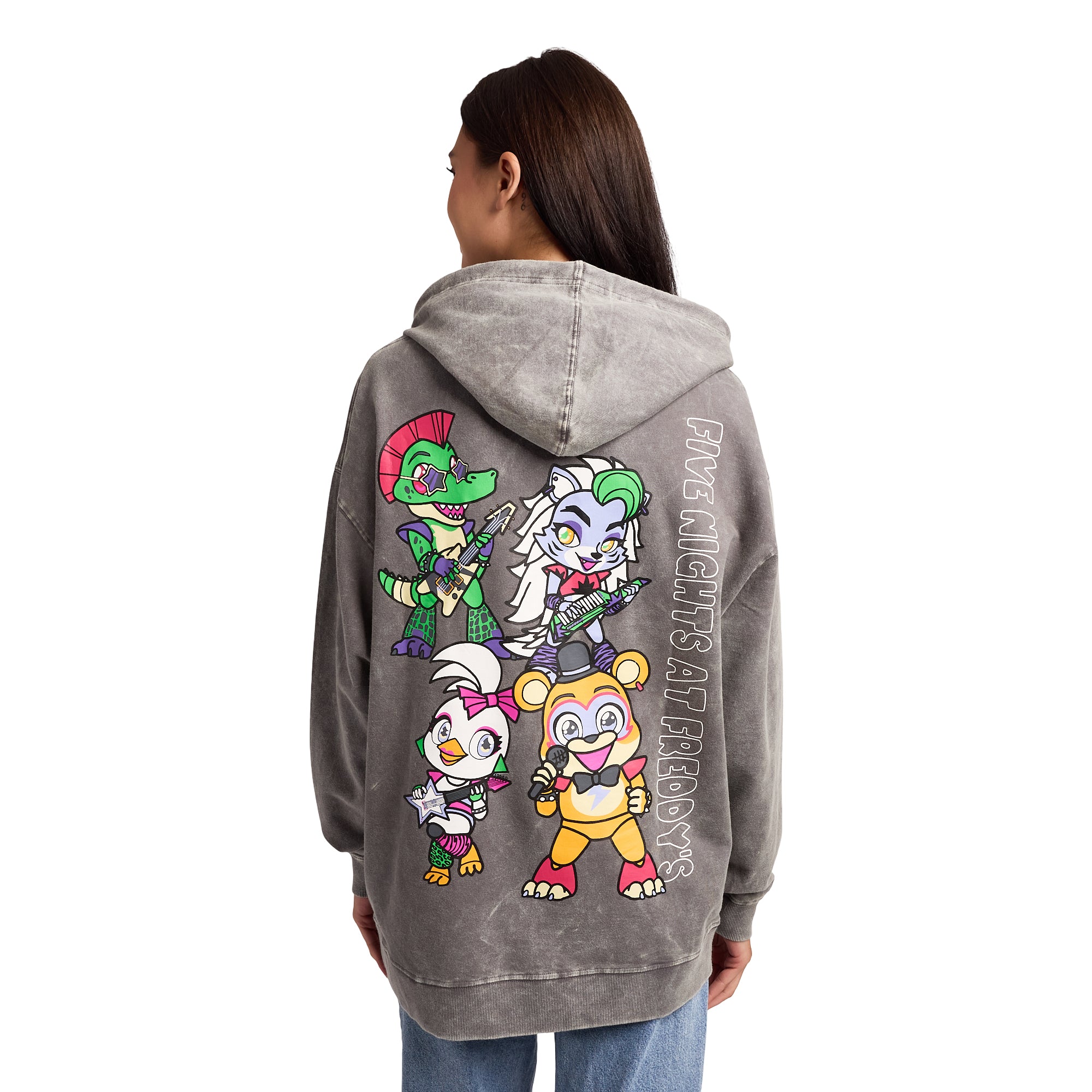 Five Nights At Freddy's Glamrock Freddy & Friends Women's Gray Mineral Wash Long Sleeve Fleece Hooded Sweatshirt