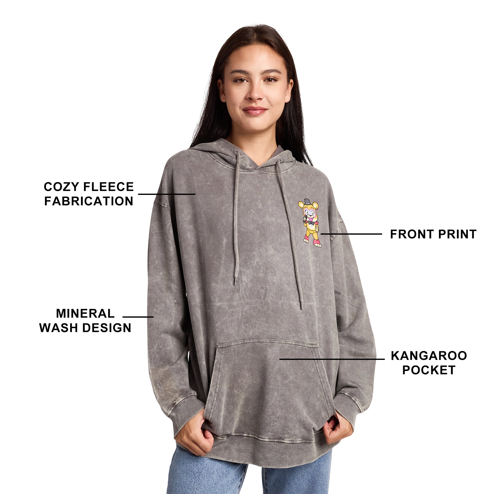 Five Nights At Freddy's Glamrock Freddy & Friends Women's Gray Mineral Wash Long Sleeve Fleece Hooded Sweatshirt
