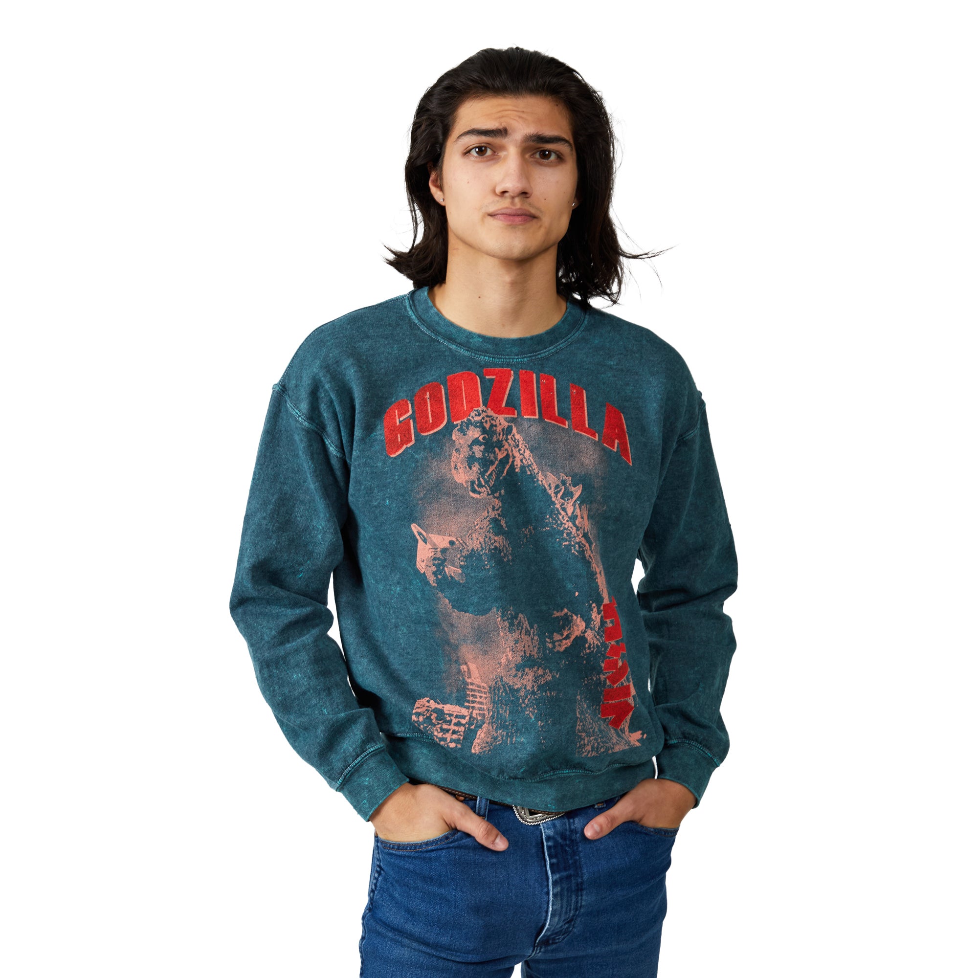 Godzilla Vintage Art Crew Neck Long Sleeve Dark Cyan Mineral Wash Adult Sweatshirt