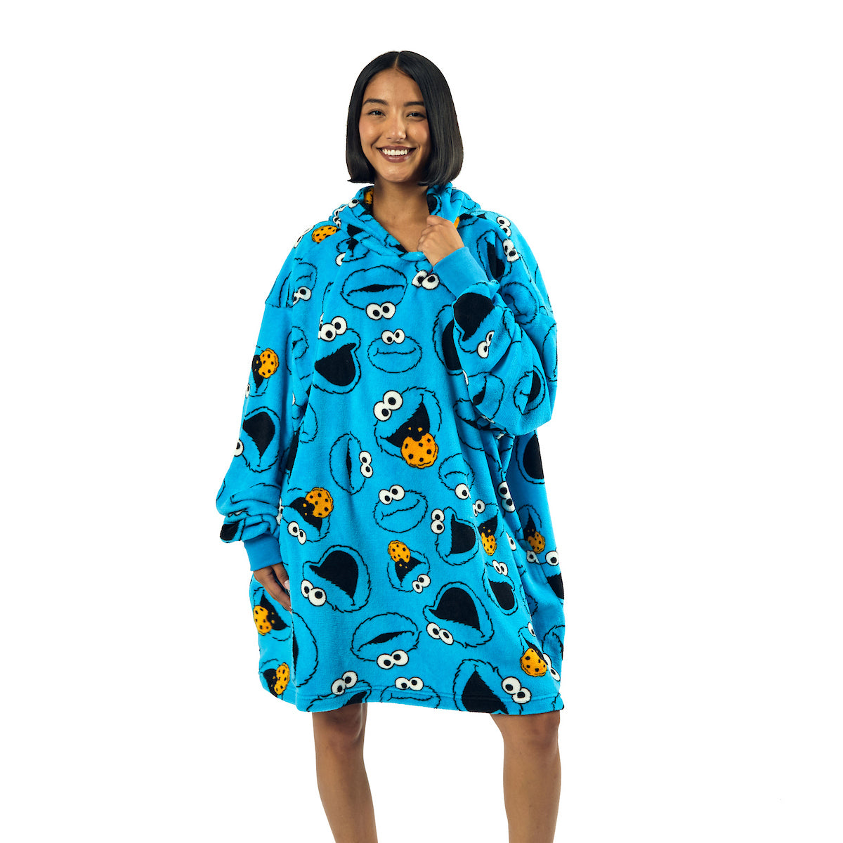 Sesame Street Cookie Monster All-Over Print Blue Long Sleeve Oversized Hoodie Wearable Blanket-OSFA