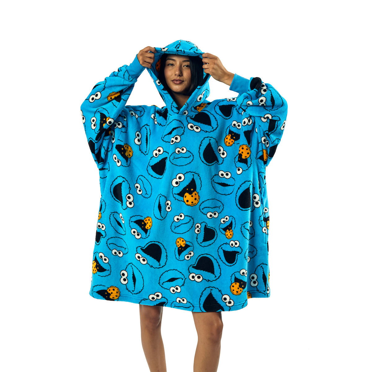 Sesame Street Cookie Monster All-Over Print Blue Long Sleeve Oversized Hoodie Wearable Blanket-OSFA