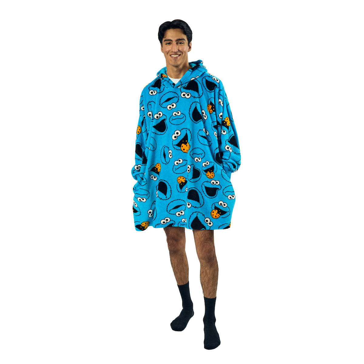 Sesame Street Cookie Monster All-Over Print Blue Long Sleeve Oversized Hoodie Wearable Blanket-OSFA
