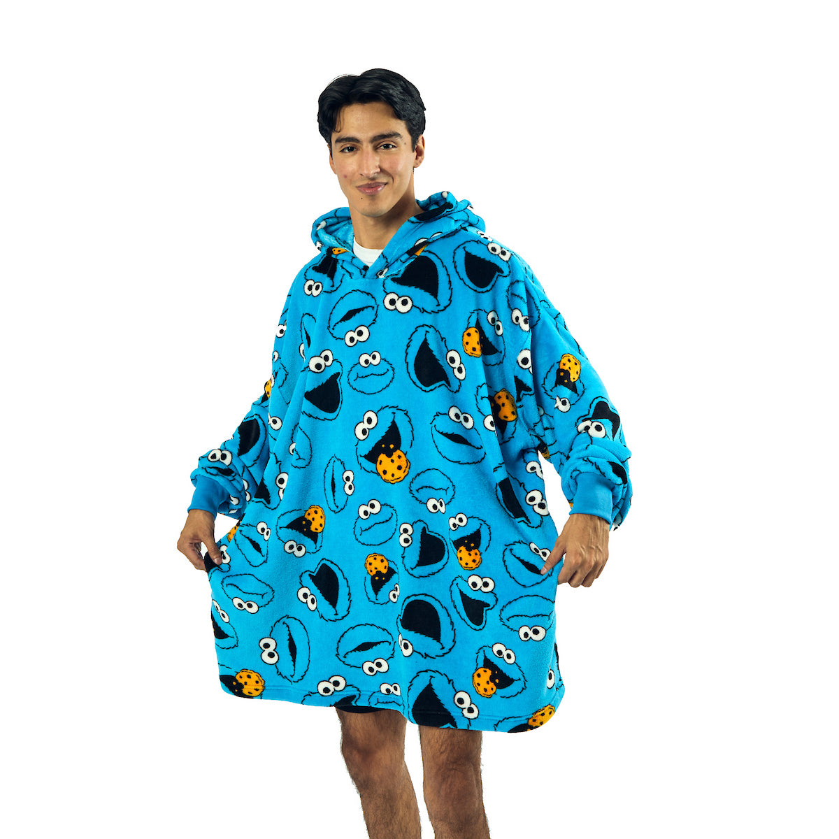 Sesame Street Cookie Monster All-Over Print Blue Long Sleeve Oversized Hoodie Wearable Blanket-OSFA
