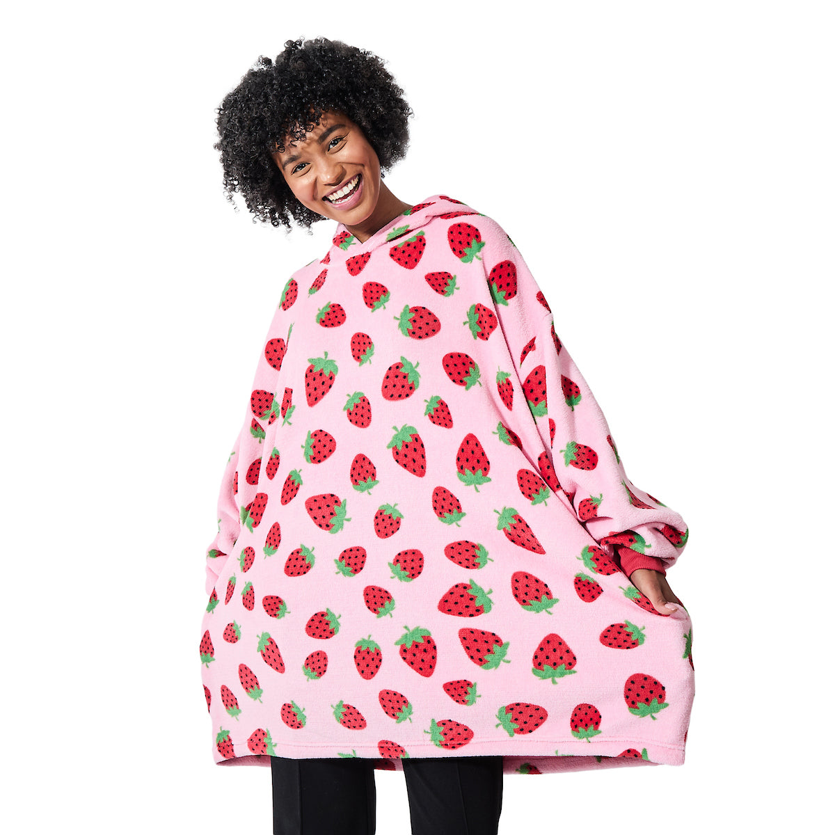 Strawberries All-Over Print Pink Long Sleeve Oversized Hoodie Wearable Blanket-OSFA