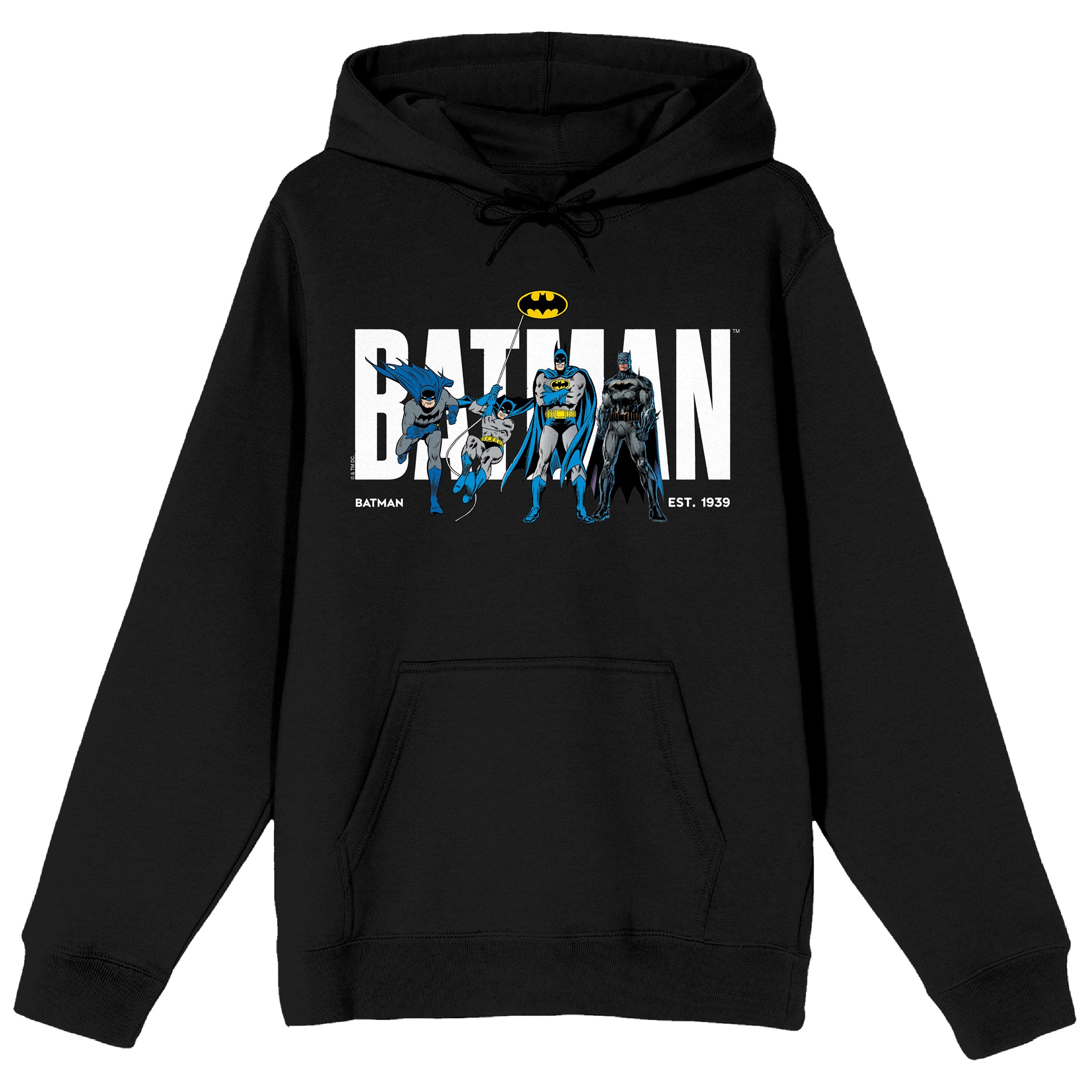 Batman 90th Anniversary Retro Character Poses Long Sleeve Adult Black Hooded Sweatshirt-Large