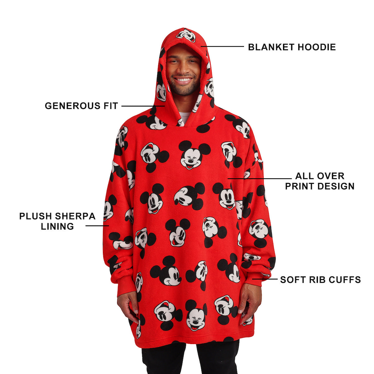 Disney Mickey Mouse Character Faces Adult Red Long Sleeve Hooded Blanket