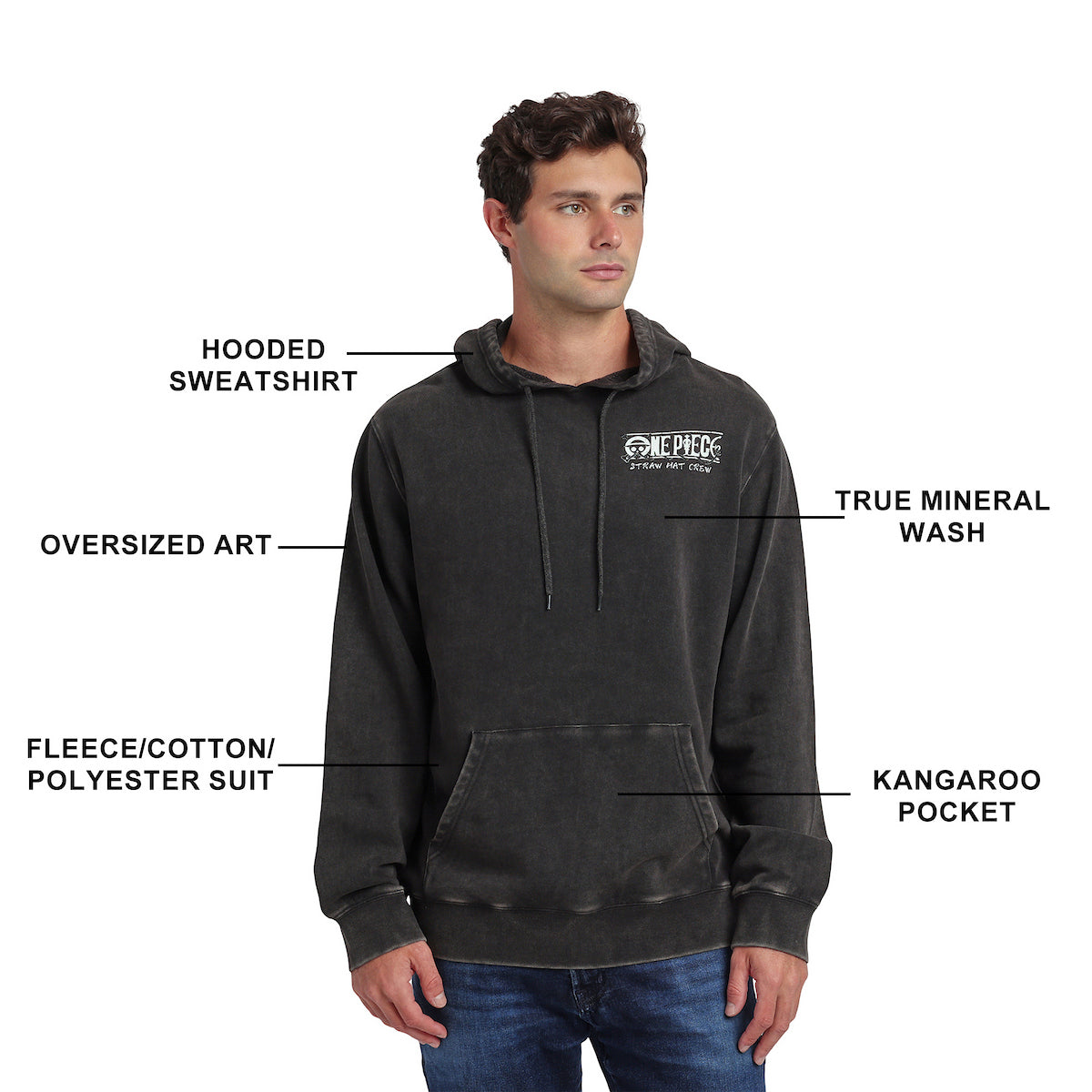 One Piece Animated Series Oversized Character Art Men's Black Mineral Wash Long Sleeve Hooded Sweatshirt