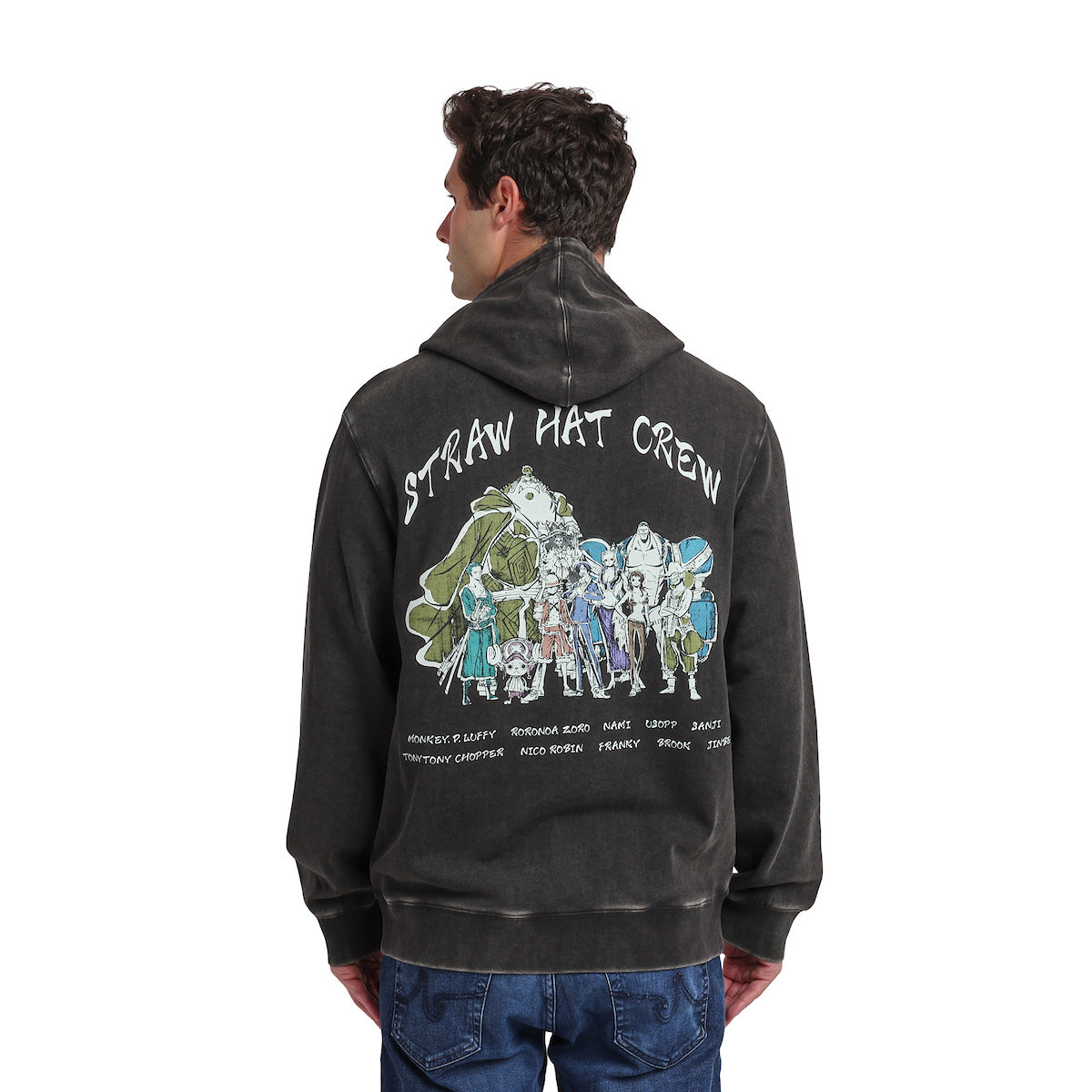 One Piece Animated Series Oversized Character Art Men's Black Mineral Wash Long Sleeve Hooded Sweatshirt