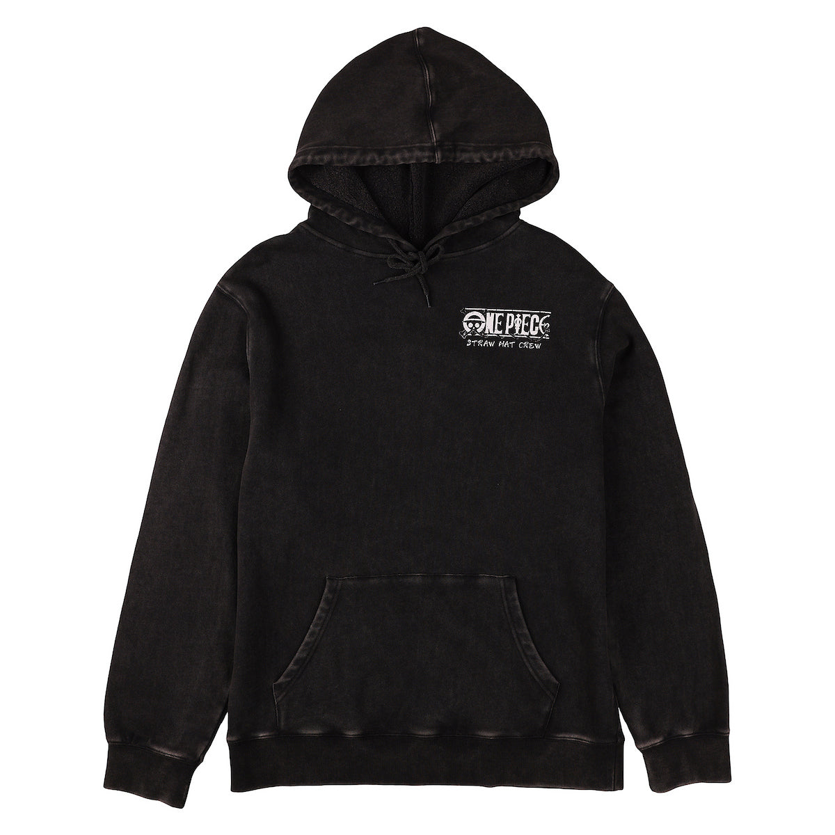 One Piece Animated Series Oversized Character Art Men's Black Mineral Wash Long Sleeve Hooded Sweatshirt