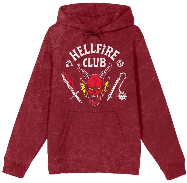 Stranger Things Hellfire Club Men’s Red Mineral Wash Long Sleeve Hooded Sweatshirt