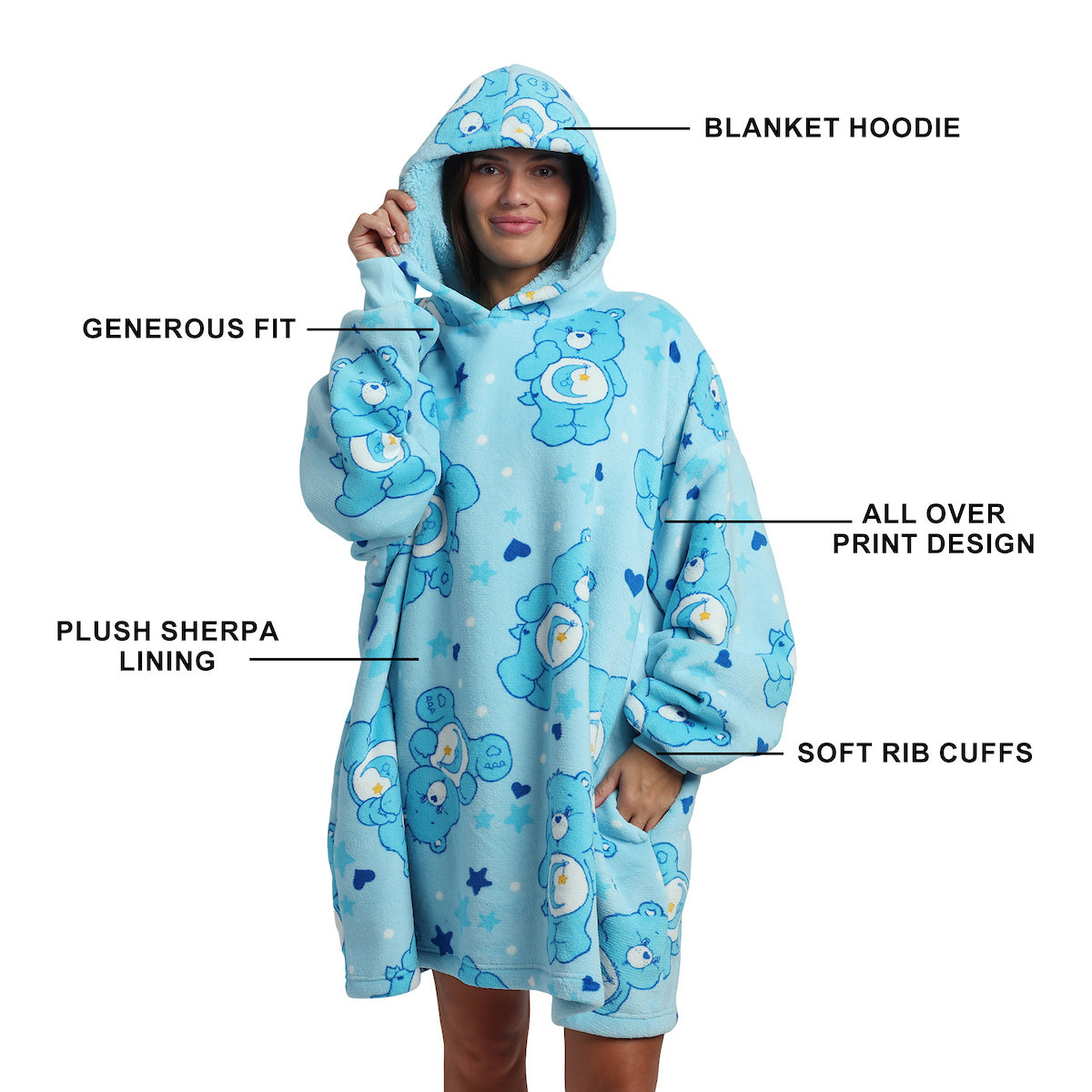 Care Bears Bedtime Bear All-Over Print Adult Blue Long Sleeve Sherpa-Lined Hooded Blanket