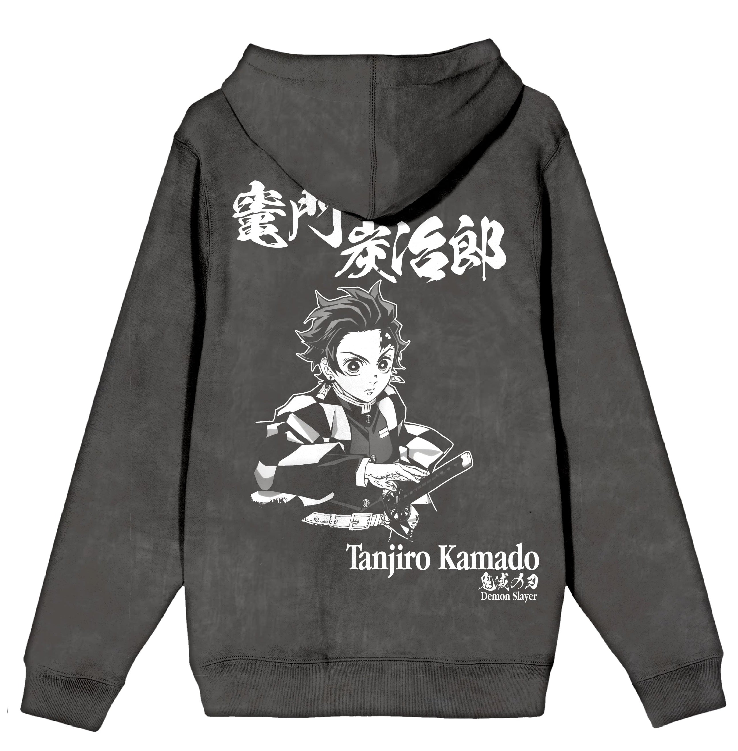 Demon Slayer Tanjiro Character Art Men's Charcoal Mineral Wash Long Sleeve Hooded Sweatshirt