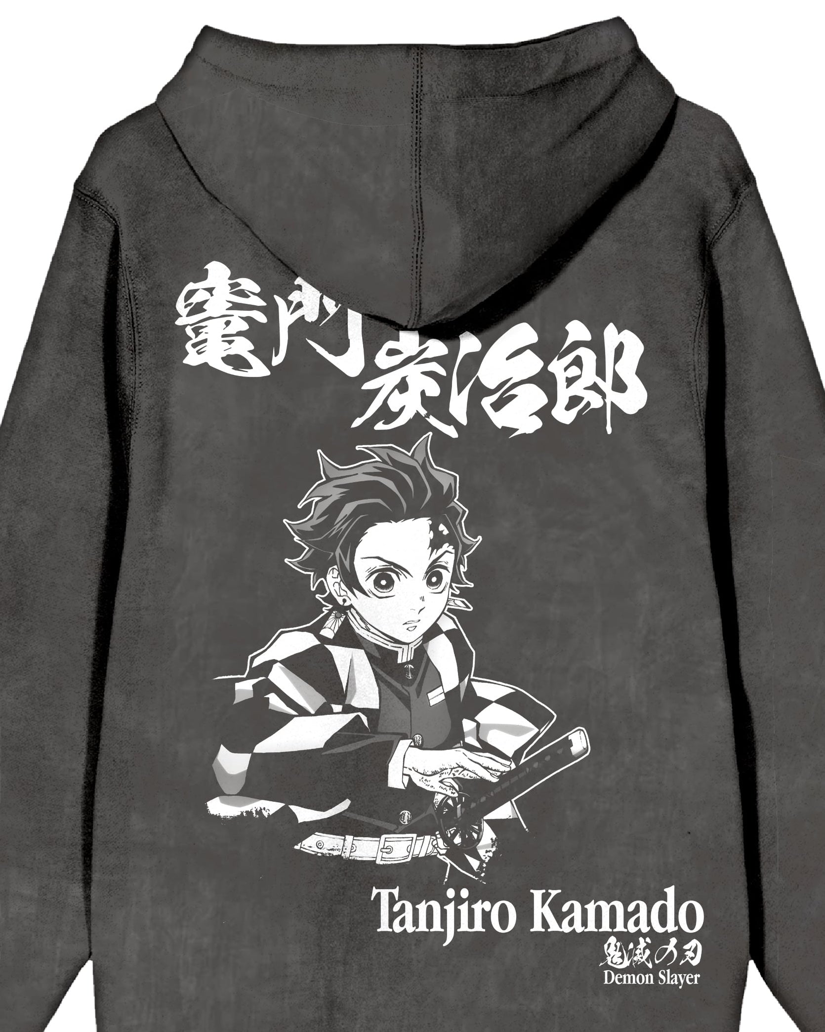 Demon Slayer Tanjiro Character Art Men's Charcoal Mineral Wash Long Sleeve Hooded Sweatshirt